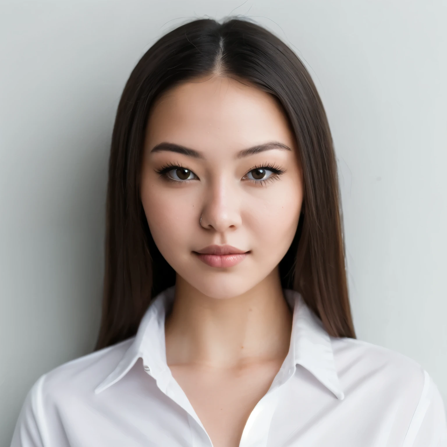 masterpiece, best quality, young woman ohwxmc, in white shirt, portrait, looking at viewer, simple background