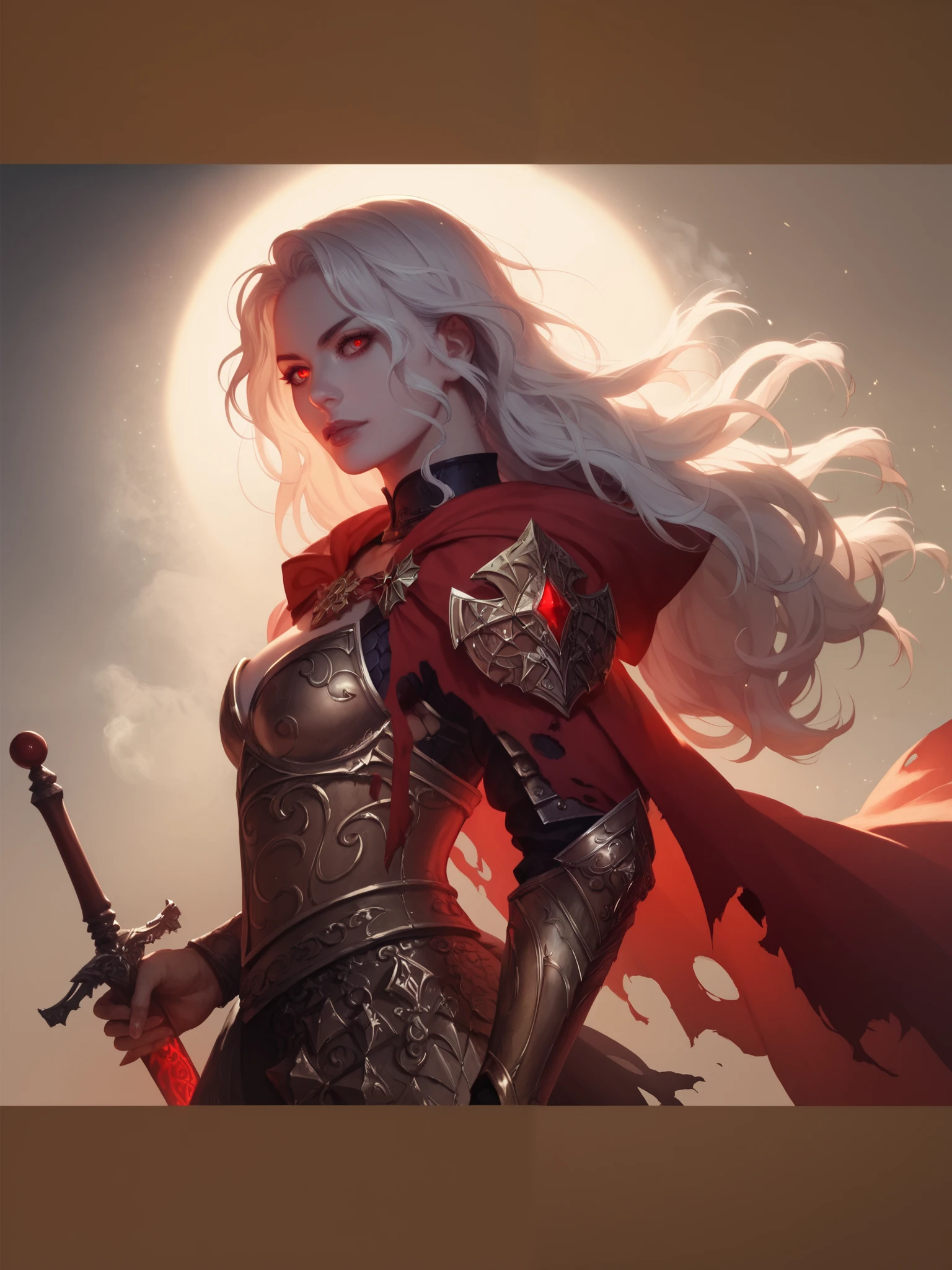 1girl, Female, long hair, not super realistic, fantasy, armor, no expression, gorgeous, red cape, torn cape, warm hues, good lighting and shadows. Ethereal, sword, upper body, detailed, gorgeous, dark colors, hazy, Smokey, badass, cool background, pale skin, white hair, armor, deep red eyes, anime, Masterpiece, Anatomically Correct, Award Winning, Best Quality, Detail, HD, 