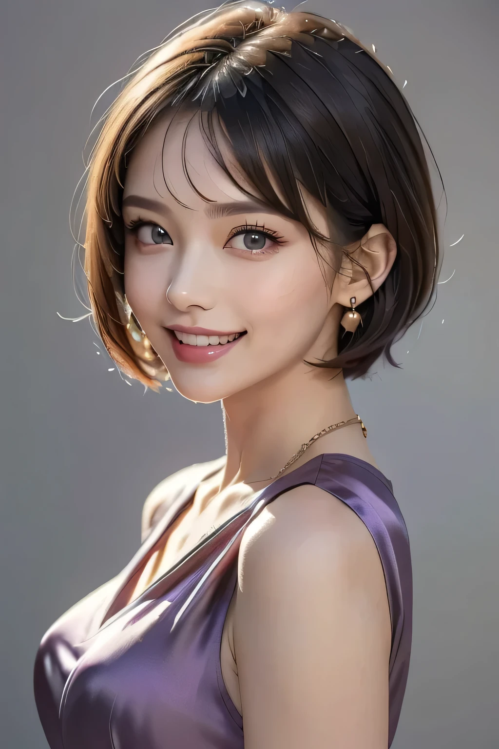(1.  beautiful woman,  Supermodel  ), ( perfect anatomy ), ( Cowboy Shots), Golden Ratio, (top quality:1.4), 32k resolution, ( realistic  :1.5), High resolution UHD, (masterpiece:1.2), ( Very Beautiful Face Details ), (Grin), (top qualityの realistic な肌のテクスチャ), ((purple silk dress :1.37)),  earrings for a woman alone,  Necklaces , (Big Breasts:1.3),  very detailed,  Beautiful Eyes ,  double eyelid ,  eyelash , Shaping your eyebrows, (( very detailed)),  red cheeks , Ultra- realistic  eyes, Perfect Lips,  perfect eyes,  natural cosmetics , [ apply pink lipstick ], ((top qualityの Beautiful Eyes :1.2)), ( beautiful lips:1.33), (Great nose:1.2), ( Brunette Pixie Cut ), (( realistic )), (( sharp concentration )), ( highest resolution), ((The most ridiculous quality)), ((masterpiece)),  Professional Cinema Lighting 
