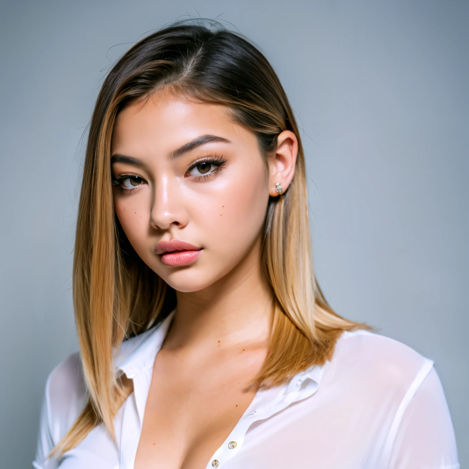 masterpiece, best quality, young woman ohwxmc, in white shirt, portrait, looking at viewer, simple background, big bimbo lips,