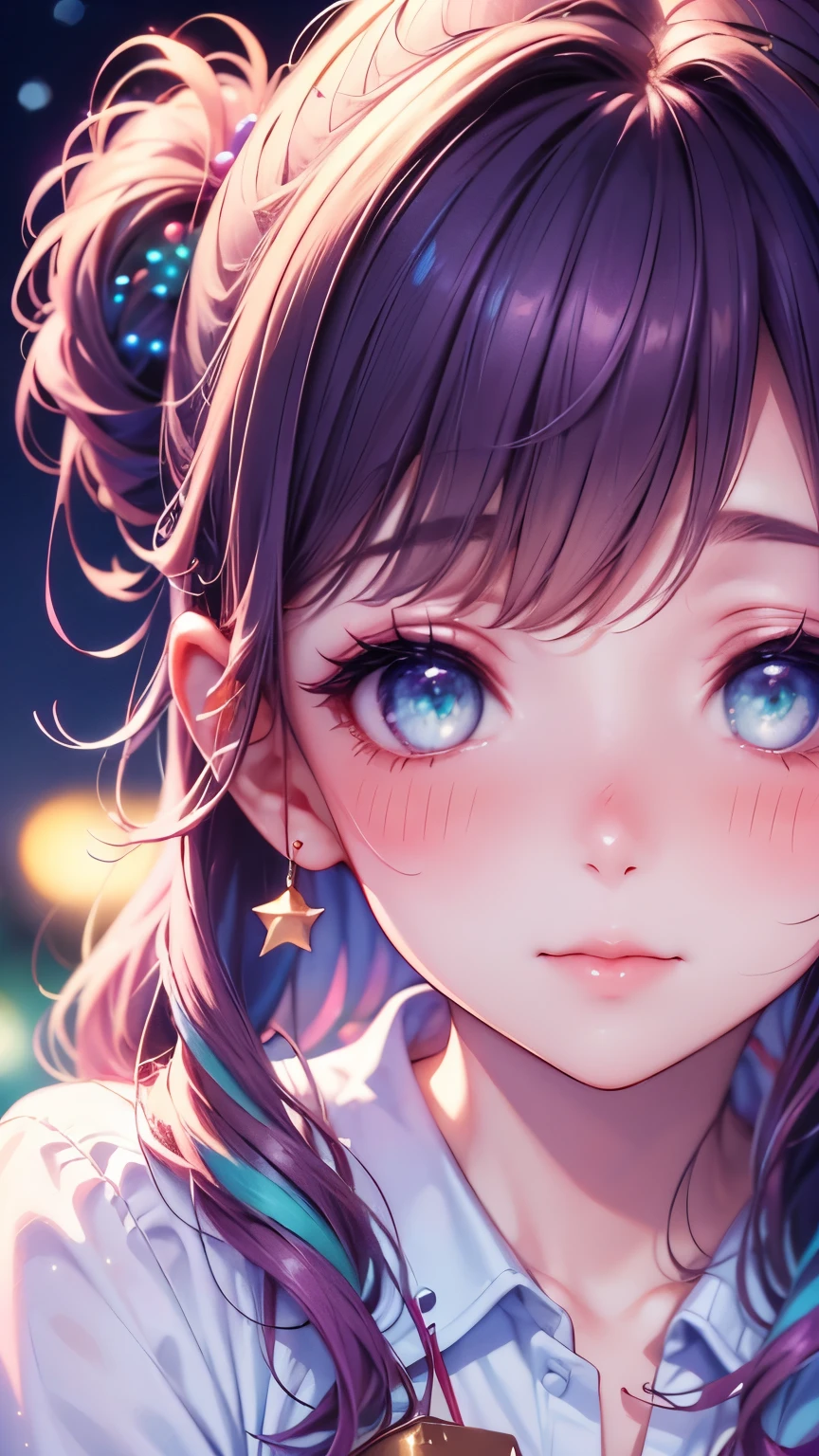 1 girl, high definition , Receives Many Awards , very detailed , blush, eyes sparkle, long eyelashes, and get out of the screen, Closeup , Hair ties, star hair accessories , glitter effect , Blur, lens flare, 8k octane , Artistic, super detailed, gentle colors, soft light , snow,night, illuminations, Christmas, private clothes,