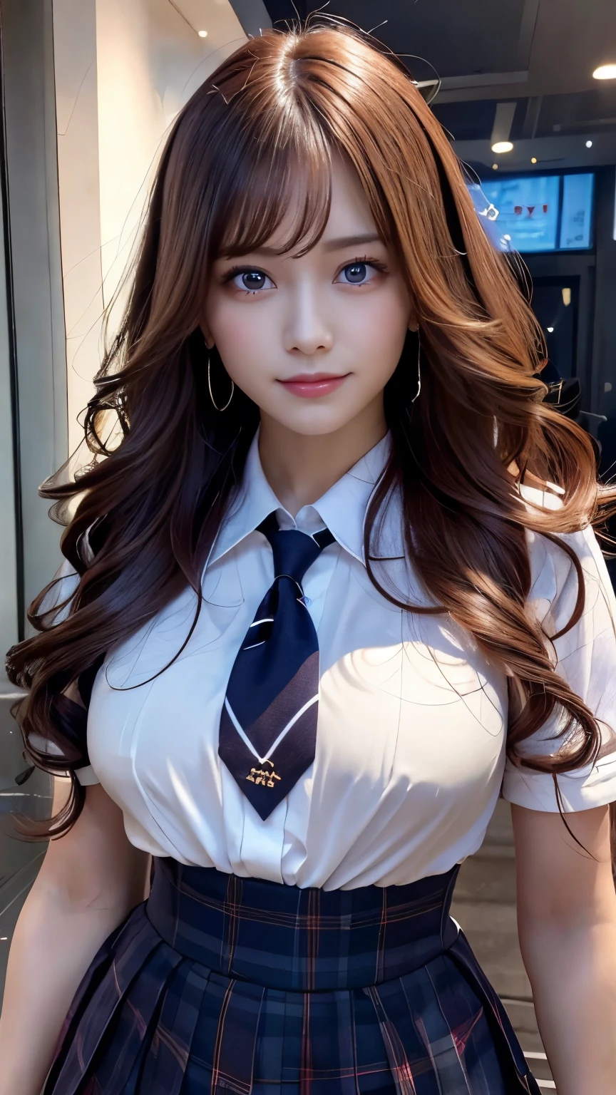 ((top quality, 8k, masterpiece: 1.3)), pretty woman with perfect figure: 1.4, (big breasts: 1.2), very detailed face and skin texture, detailed eyes, high school student, uniform, blouse, mini skirt, (posed at school: 1.2), 1girl, cinematic, full body, goddess of Japan, long hair, smile, there are students, being watched by people,