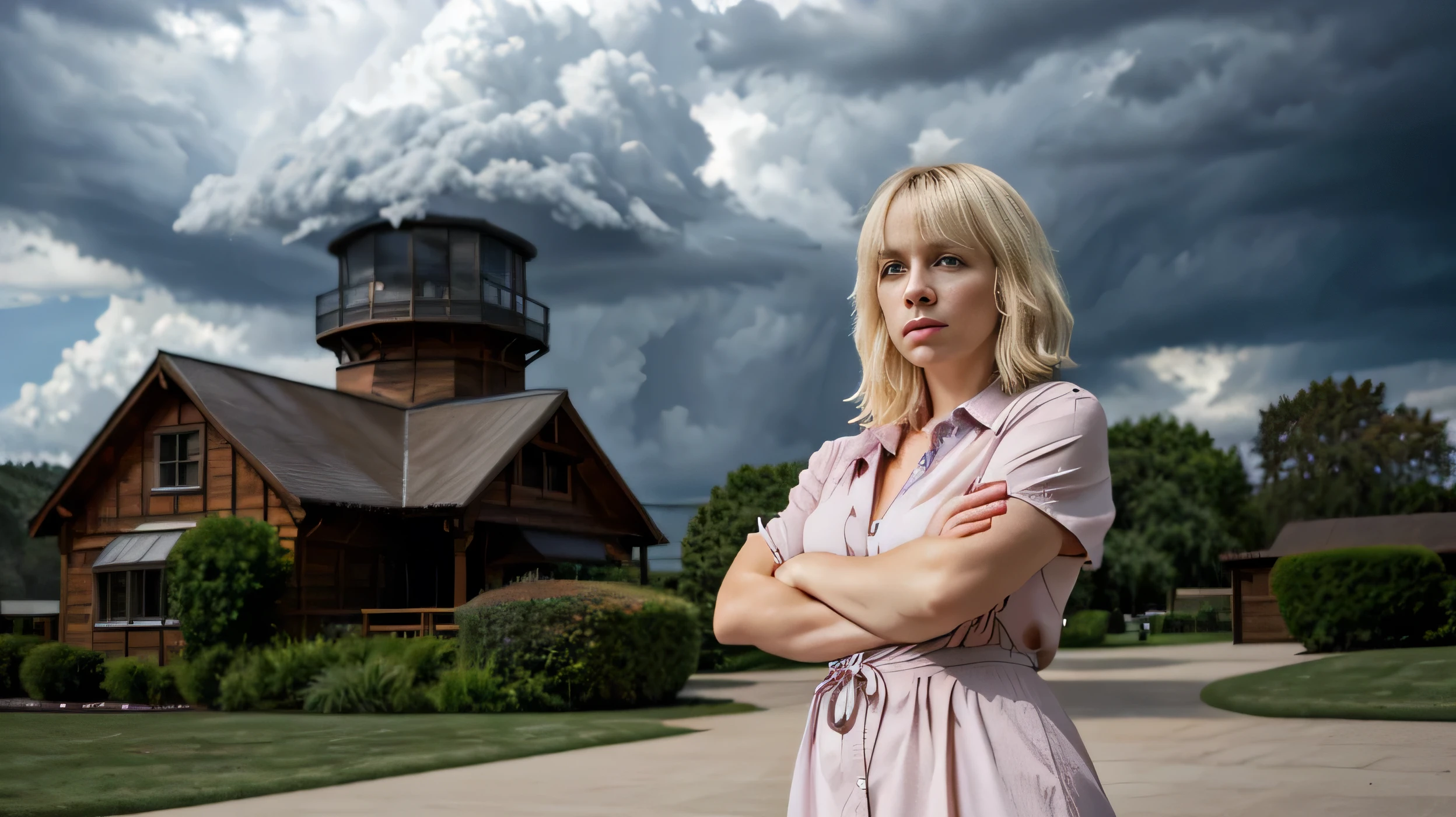 Bilie ellish,stern-faced girl with blonde hair in a tidy bob, wearing a pink dress and Mary Jane shoes, glaring directly at the camera with crossed arms. A storm cloud looms above her, emphasizing her constant mood. (best quality,4k,8k,highres,masterpiece:1.2),ultra-detailed,(realistic,photorealistic,photo-realistic:1.37),HDR,UHD,sharp focus,physically-based rendering,extreme detail