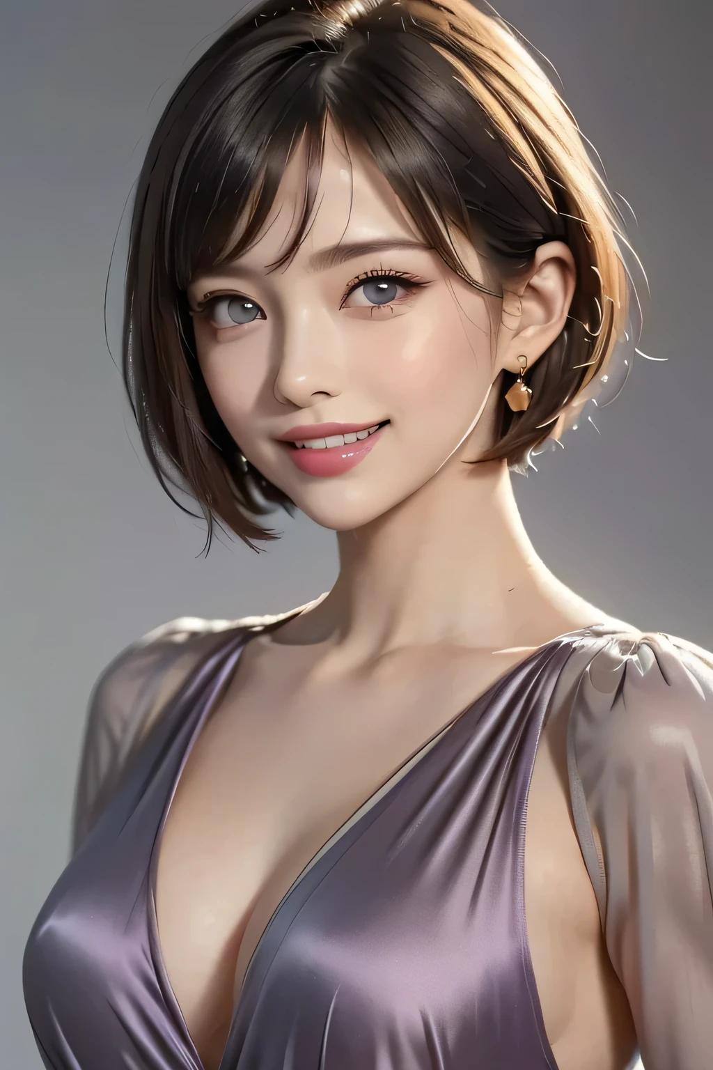 (1.  beautiful woman,  Supermodel  ), ( perfect anatomy ), ( Cowboy Shots), Golden Ratio, (top quality:1.4), 32k resolution, ( realistic  :1.5), High resolution UHD, (masterpiece:1.2), ( Very Beautiful Face Details ), (Grin), (top qualityの realistic な肌のテクスチャ), ((purple silk dress :1.37)),  earrings for a woman alone,  Necklaces , (Big Breasts:1.3),  very detailed,  Beautiful Eyes ,  double eyelid ,  eyelash , Shaping your eyebrows, (( very detailed)),  red cheeks , Ultra- realistic  eyes, Perfect Lips,  perfect eyes,  natural cosmetics , [ apply pink lipstick ], ((top qualityの Beautiful Eyes :1.2)), ( beautiful lips:1.33), (Great nose:1.2), ( Brunette Pixie Cut ), (( realistic )), (( sharp concentration )), ( highest resolution), ((The most ridiculous quality)), ((masterpiece)),  Professional Cinema Lighting 