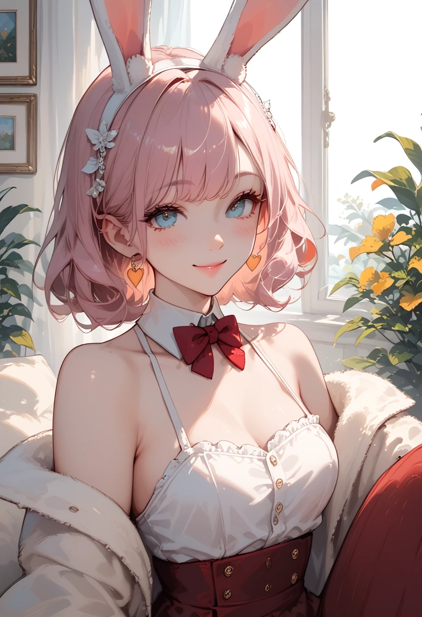 high resolution,smile,woman,woman1人,adult,Clear,cute,Put your hand on your cheek, blunt bangs,Pink Hair,BREAK, Pink eyes,BREAK, White blouse,Pink checkered pleated skirt,BREAK, Heart Hairpin,Ring of Hearts,Lace choker,BREAK, Facing forward,Sparkling,dreamy,BREAK,Background white,