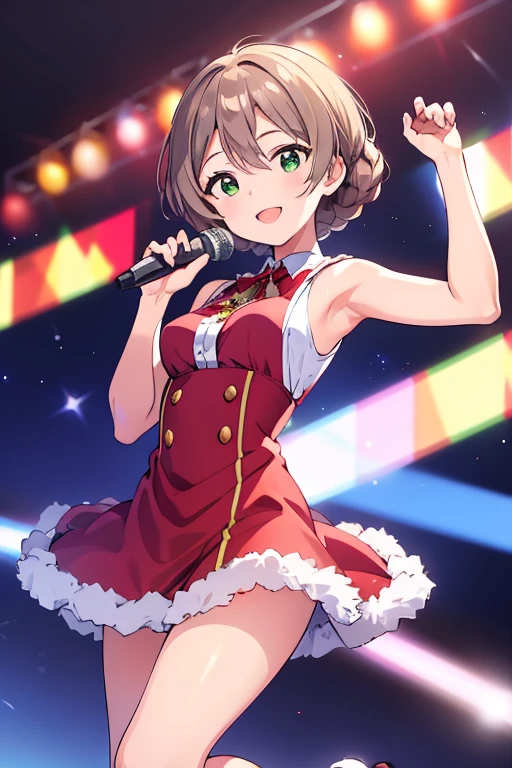  Masterpiece　 top quality　smile　Racing bloomer with beautiful front legs 　Beautiful upper body　Beautiful lower body　 well-balanced body 　Two perfect legs　Perfect Five Fingers 　 Christmas　 Christmasツリー　Live　 climax　Red and blue dress　 stage　 glitter　 looking at camera　 red cheeks 　Skirts fluttering　Beautiful armpits　 holding a microphone 