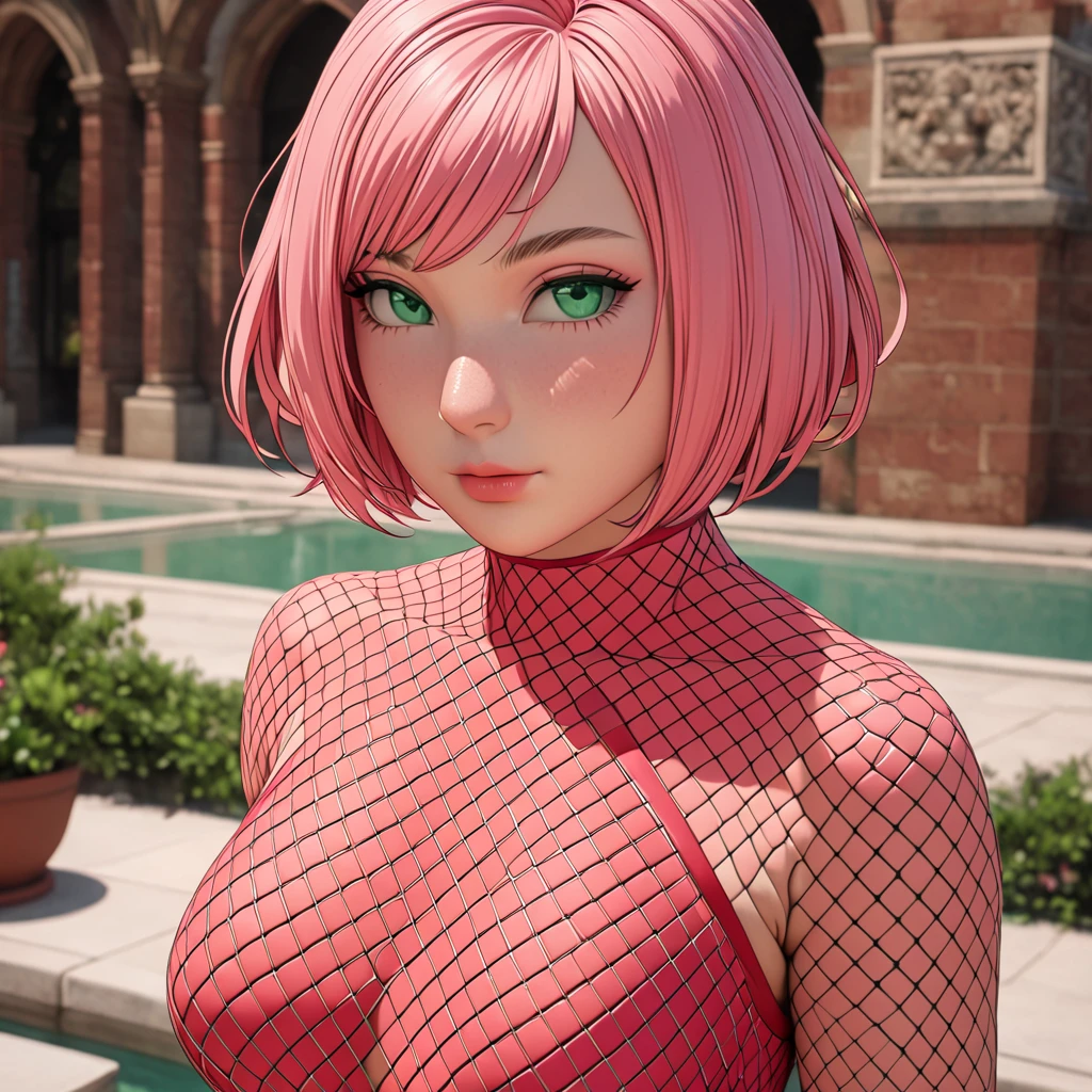 Masterpiece, High Resolution, Anatomically Correct, Best Quality, Super Detailed, Textured Skin, bright pink hair, mint green eyes, fairly curvaceous figure, peach skin, Breasts, Short Hair, Unreal Engine, red fishnet dress