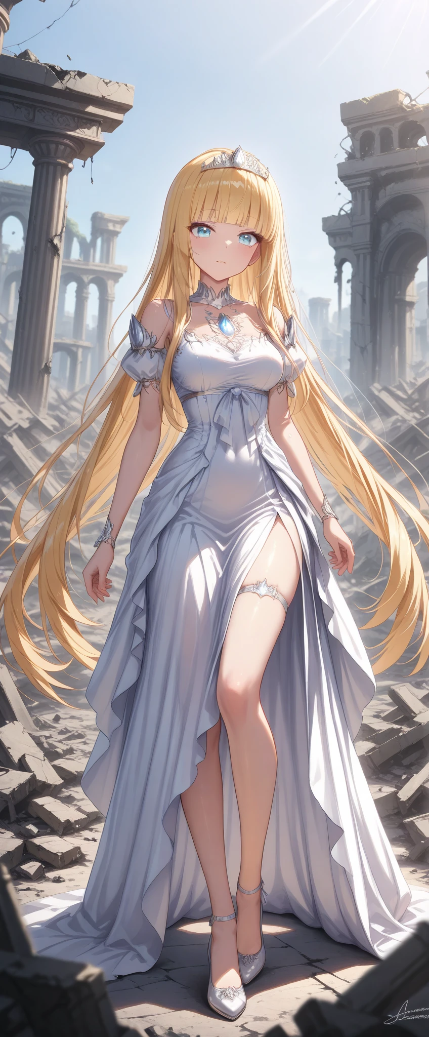 (masterpiece, best quality, ultra-detailed, amazing quality, high resolution, serene and elegant atmosphere),

Calca Bessarez, blonde hair, (extremely long hair:1.3), himecut, blunt bangs, light blue eyes, white tiara, wearing her signature elegant white dress, standing amidst the rubble of ruins. Her graceful figure contrasts with the broken scenery, as dust dances gently in the air around her. Her serene expression and beautiful eyes exude both strength and calmness, with her flowing hair lightly moving in the wind (風になびく髪:1.0).

The setting features depth of field, highlighting the ruins in the background while focusing on her detailed features. Her pose radiates poise and elegance, embodying a sense of hope and resilience amidst the chaos.

