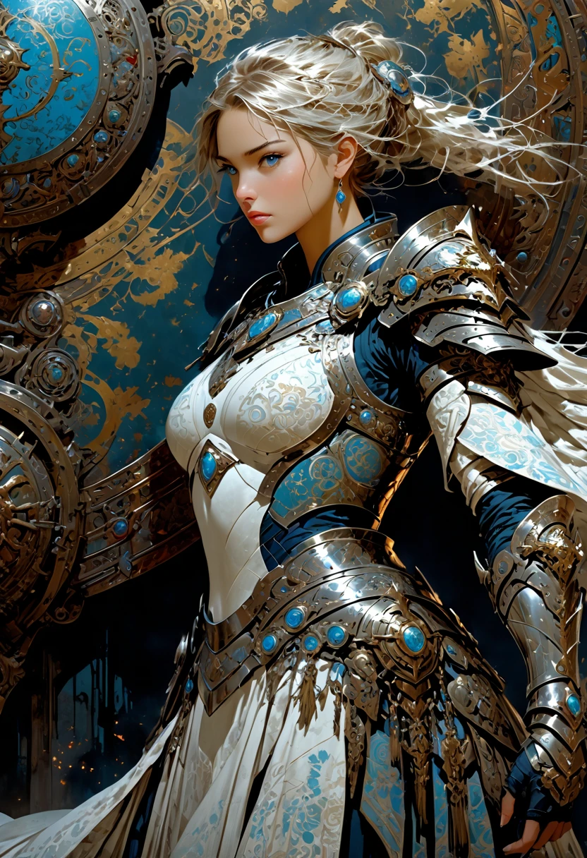 breathtaking A   very detailed    digital painting   of a powerful knight in armor holding a large,  shield decorated with heroic poses ,  very detailed なWhite Armorに複雑なパターンを持つwhole bodyの騎士,  standing in a dramatic pose ,剣でドラゴンとfight、  large enough to hold with one hand ,  round shield with a glowing emblem in the center ,  beautiful swirl patterns and runes engraved on the shield ., Shiny Metal,  movie lighting, Illustration：Art Jam、 Greg Rutkowski 、  Alphonse Mucha ,   digital painting   .  5 black shorthairs of female knights with 8K resolution, popular in  , Professional,   very detailed , detailed matte painting, Dark Color,   amazing,  complicated details,  Splash Screen , Complementary Color,   fantasy concept art, A popular 8K resolution female knight with white hair short hair on Artstation Unreal Engine　モンスターとfight　 white armor 　 A few warriors on their backs 　 blue eyes　fight　whole body　 flashy eyeshadow 　Horses behind　Cleopatra hair　White Armor　whole body