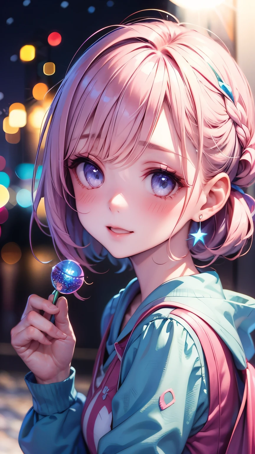 1 girl, high definition , Receives Many Awards , very detailed , blush, eyes sparkle, long eyelashes, and get out of the screen, Closeup , Hair ties, star hair accessories , glitter effect , Blur, lens flare, 8k octane , Artistic, super detailed, gentle colors, soft light , snow,night, illuminations, Christmas, private clothes,ダッフルコート,