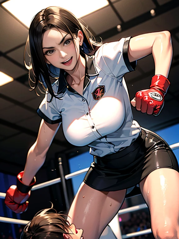 masterpiece, best quality, ultra detailed, beautiful woman, martial arts fighter, office lady skirt costume, fingerless glove, active further blow, grin, looking down at viewer, open mouth, glistening skin, light-brown hail, further Intense punching strike to viewer, aggressive pursue, sweat, at wrestling ring, from below, panic beg viewer was knocked down and frightened beg, POV