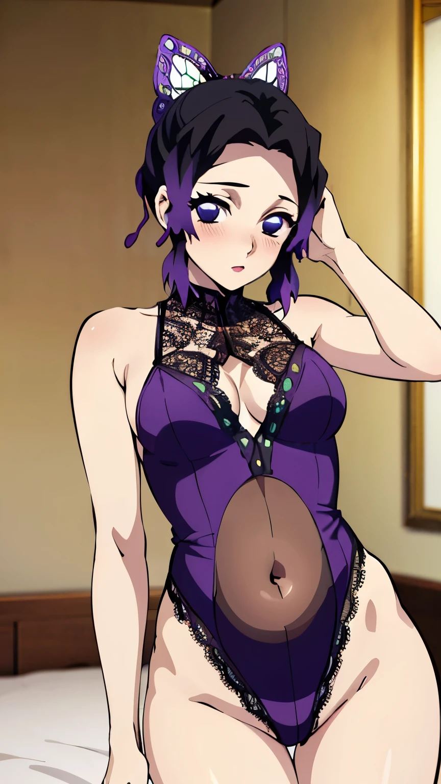 (masterpiece, best quality, high resolution, 8k:1.2), (anime coloring:1.2), 1girl, high resolution, unity 8k wallpaper, (beautiful detailed eyes:1.2), extremely detailed face, perfect lighting, extremely detailed CG, beautiful eyes, perfect eyes, detailed eyes, distinctive big highlights, symmetrical eyes, Purple Hair, Short Hair, (large butterfly hair clip), Pretty Parted bangs, purple eyes, narrow eyes, (slim:1.3), (small medium breasts:1.0),
(cowboy shot:1.2), (sexy pose:1.2), (perfect hands, perfect anatomy), solo, dutch angle, looking at viewer, nffsw, ((lace leotard, belly button, indoors, bed, blush)),