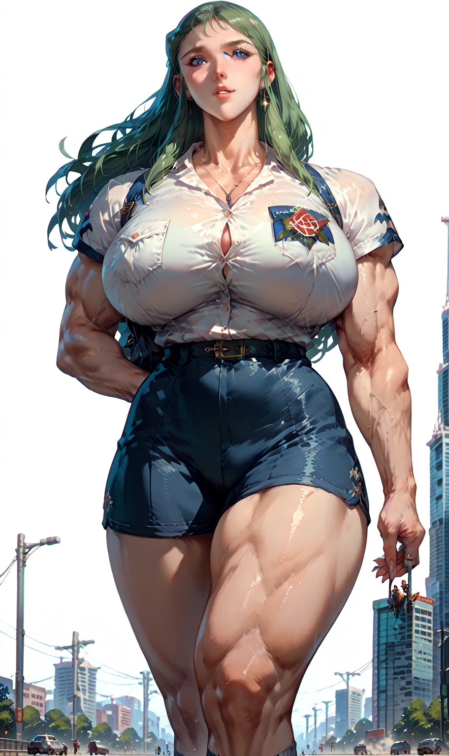 Woman takes experimental growth hormone and is transformed into a towering 70ft tall giantess with long sturdy limbs, chunky upper arms, strong glutes and trapezius muscles, and massive elongated breasts.