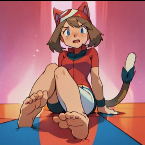 character_pokemon_may, may \(pokemon\), Maypokemon, barefoot, bare legs, soles, bandana, POKEMON_CHARACTER_MAY, barefoot, blue eyes, brown hair, red bandanna, red shirt, white skirt, blue shorts, bike shorts, medium breasts, barefoot, bare legs, long tail, big tail, long tail, tail, May shows her feet and soles, open mouth, bashful, embarrassed, blushed, blush, smile, foot focus, looks at viewer, foot tease, foot fetish, high soles, feet posing, Commission for high resolution, low resolution, detailed feet towering over you, detailed feet looming over you, Foot Art POV, Detailed legs、sole of feet, bare-legged, two legs, two feet, sitting, good face, good eyes, cat girl, catgirl, cat ears, pink ears, tail, cat tail, pink tail, big cat ears, skitty, Skitty ears, Skitty tail, Pokemon