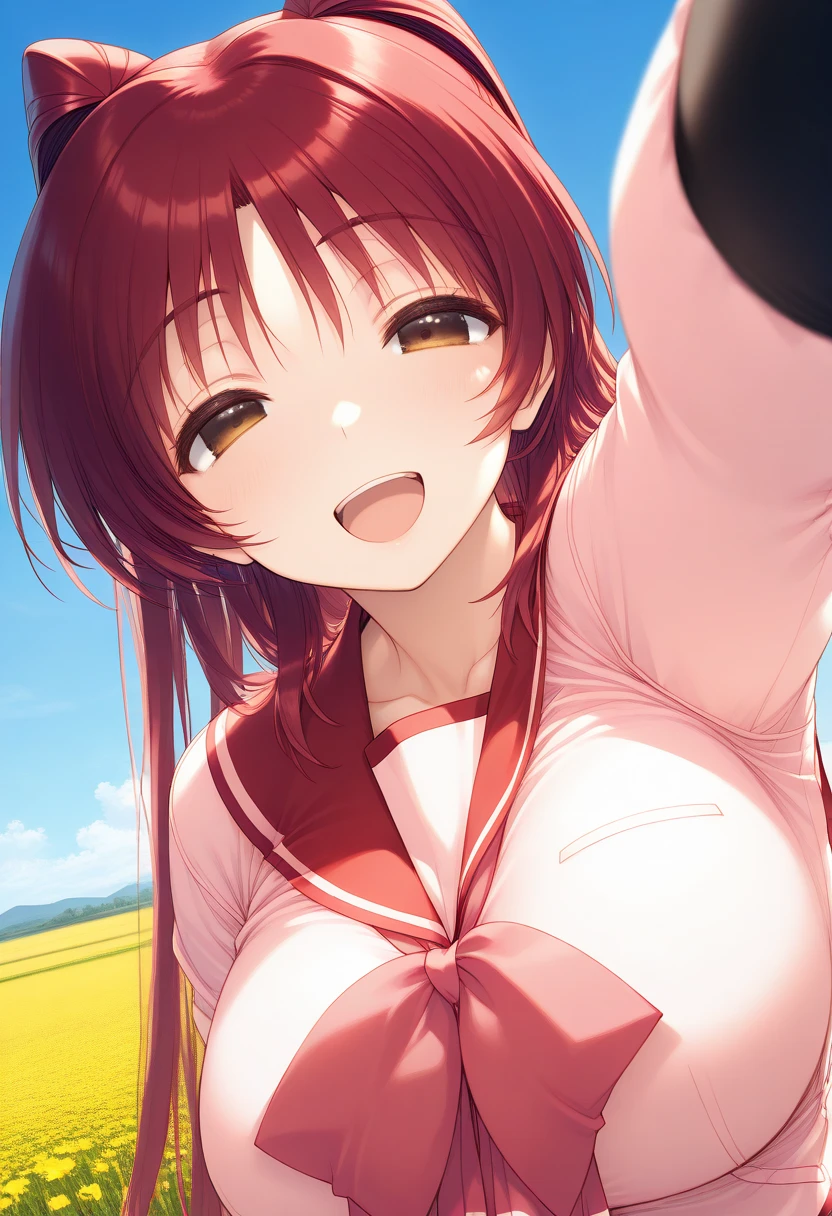 1girl, Alone, (field:1.2), (blue sky:1.2), smile, large breasts, 
kousaka_tamaki, brown eyes, red hair, long hair, school uniform,  serafuku, red sailor collar, pink shirt, long sleeves, wearing side split shorts, red shorts, knee socks, black socks, masterpiece, best quality, good quality, General,, (upper body:1.2), (close-up:1.2), (facing viewer:1.4), (open eyes:1.4), (portrait:1.4)Smile, Open your mouth, 