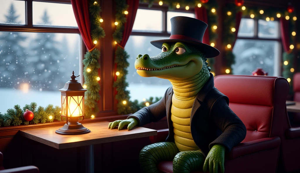 A side-profile Pixar-style Disney studio cartoon shot of an anthropomorphic crocodile sitting at a small wooden table in a cozy train compartment inside a fully blue Christmas train. The crocodile sits upright, its green-scaled face animated with interest as it nods rhythmically to Lizzy1’s singing.  

It wears a simple black coat with clean lines and a wide-brimmed black hat tilted slightly to the side, complementing its relaxed yet polished demeanor. The warm lantern light reflects softly off its smooth scales, while the frosted train window behind it reveals softly falling snowflakes and snowy pine trees in the Winter Wonderland outside. Festive garlands and ornaments line the walls of the compartment, adding a magical holiday charm. Include Disney studio, cartoon, and anthropomorphic crocodile prominently.  