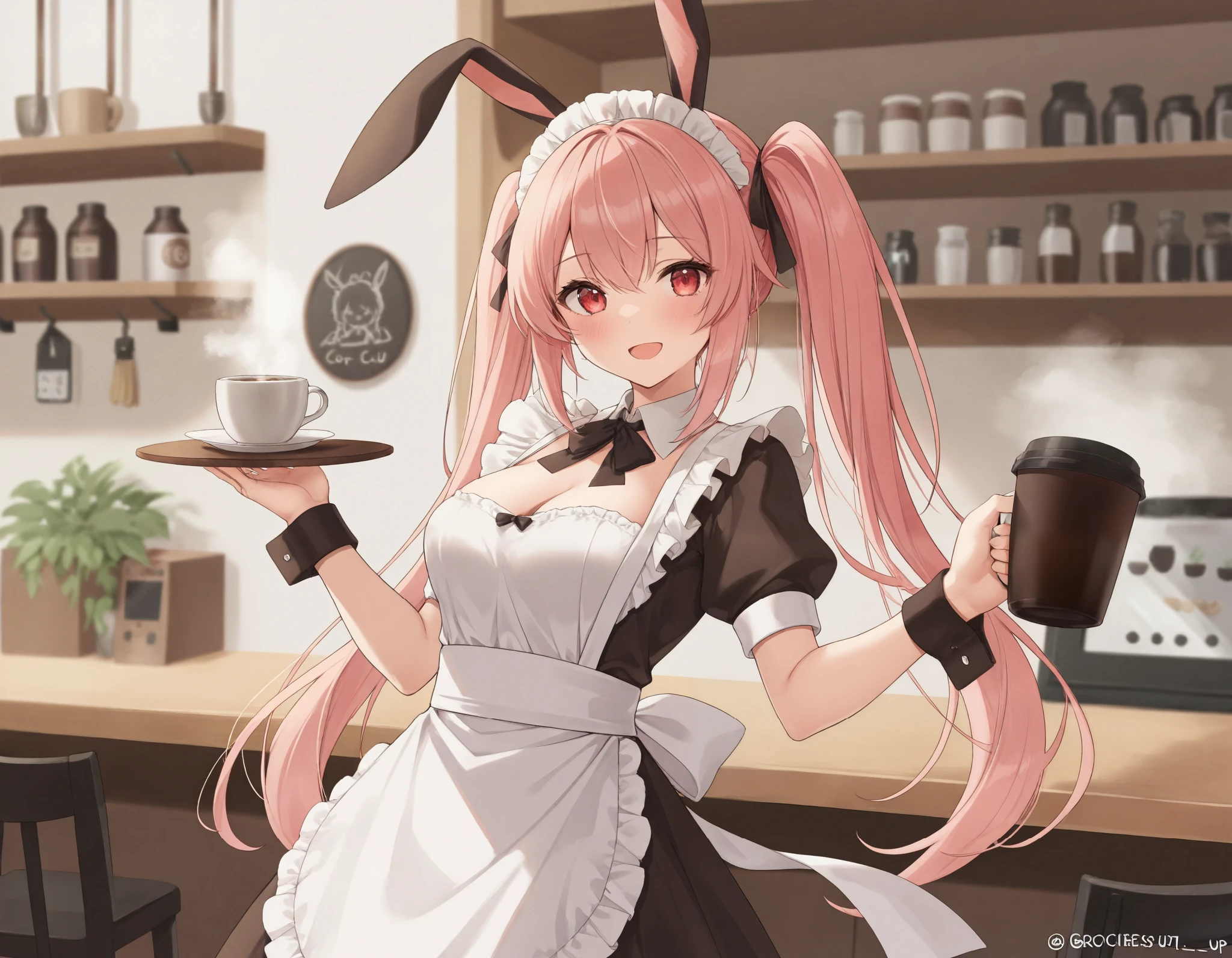 (((Best quality, 8k, Masterpiece: 1.3)), ((best quality)), ((masterpiece)), (detailed), perfect face, perfect body, (detailed skin:1.3), (intricate details), rabbit ears, maid, maid costume, maid apron, Taking a break in a cafe, coffee cup, drinking coffee