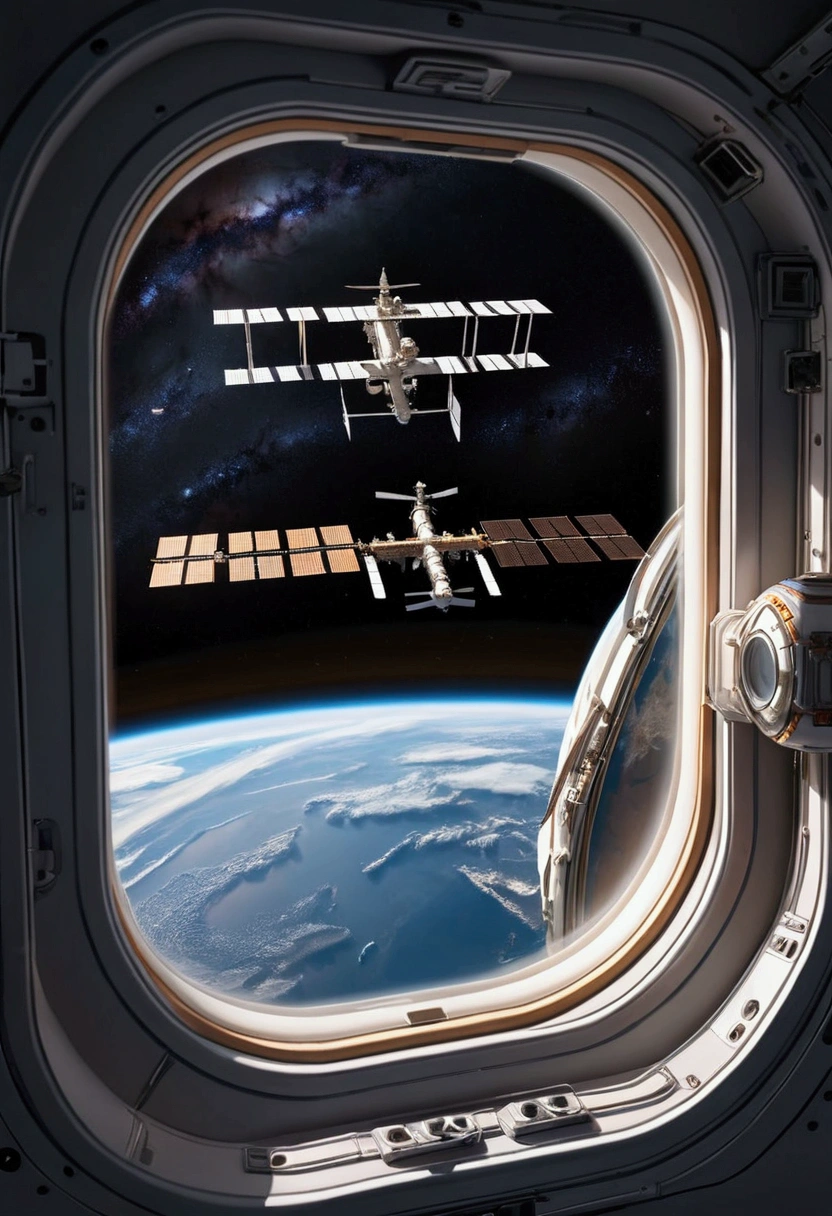  international space station , Flying ship , space, stars, galaxy,  Earth seen through the window