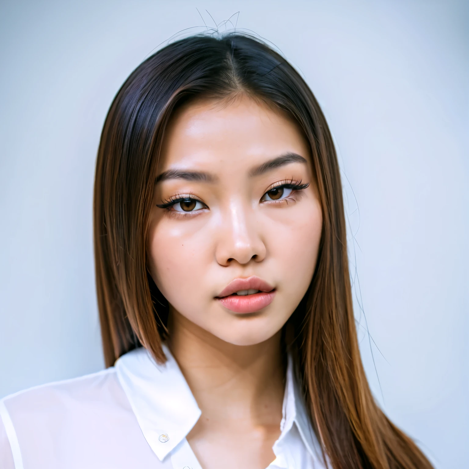 masterpiece, best quality, young asian woman ohwxmc, in white shirt, portrait, looking at viewer, simple background, big bimbo, lips,huge boobs,