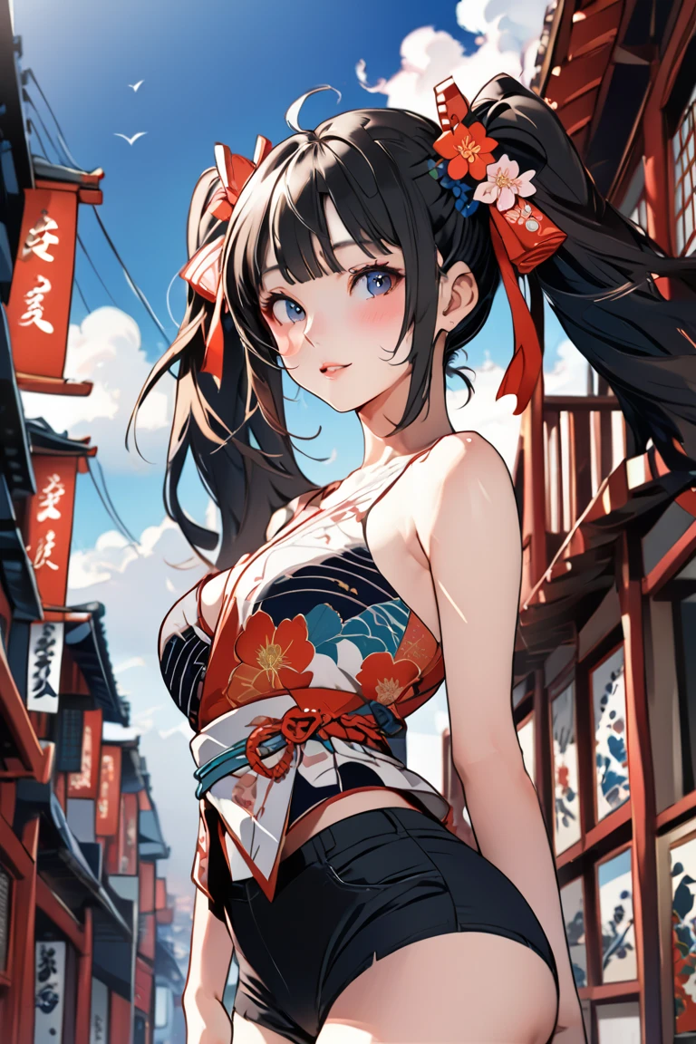   Masterpiece ,  Great Quality ,  top quality,  high definition , 4K, 8k, 超 high definition , 
 Ukiyo-e painting style , colorful world,
1girl,  hot pants,  perfect eye details , Tourist city ,twintails
