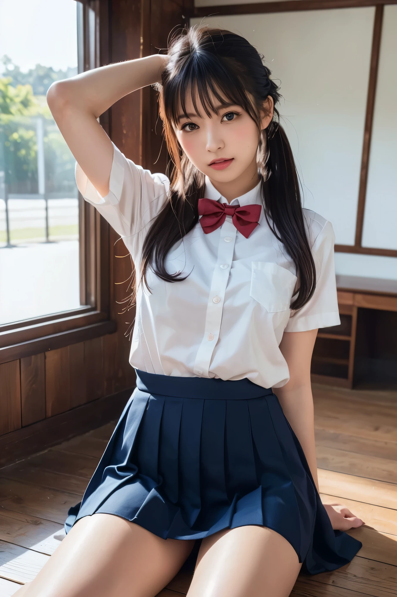 1womanl、(Super beautiful)、(beauitful face:1.5)、(Clear pubic contours)、Spread your legs、(high-school uniform:1.2)、(Dark blue pleated skirt:1.2)、(Alley at night)、(At SFW:1.3)