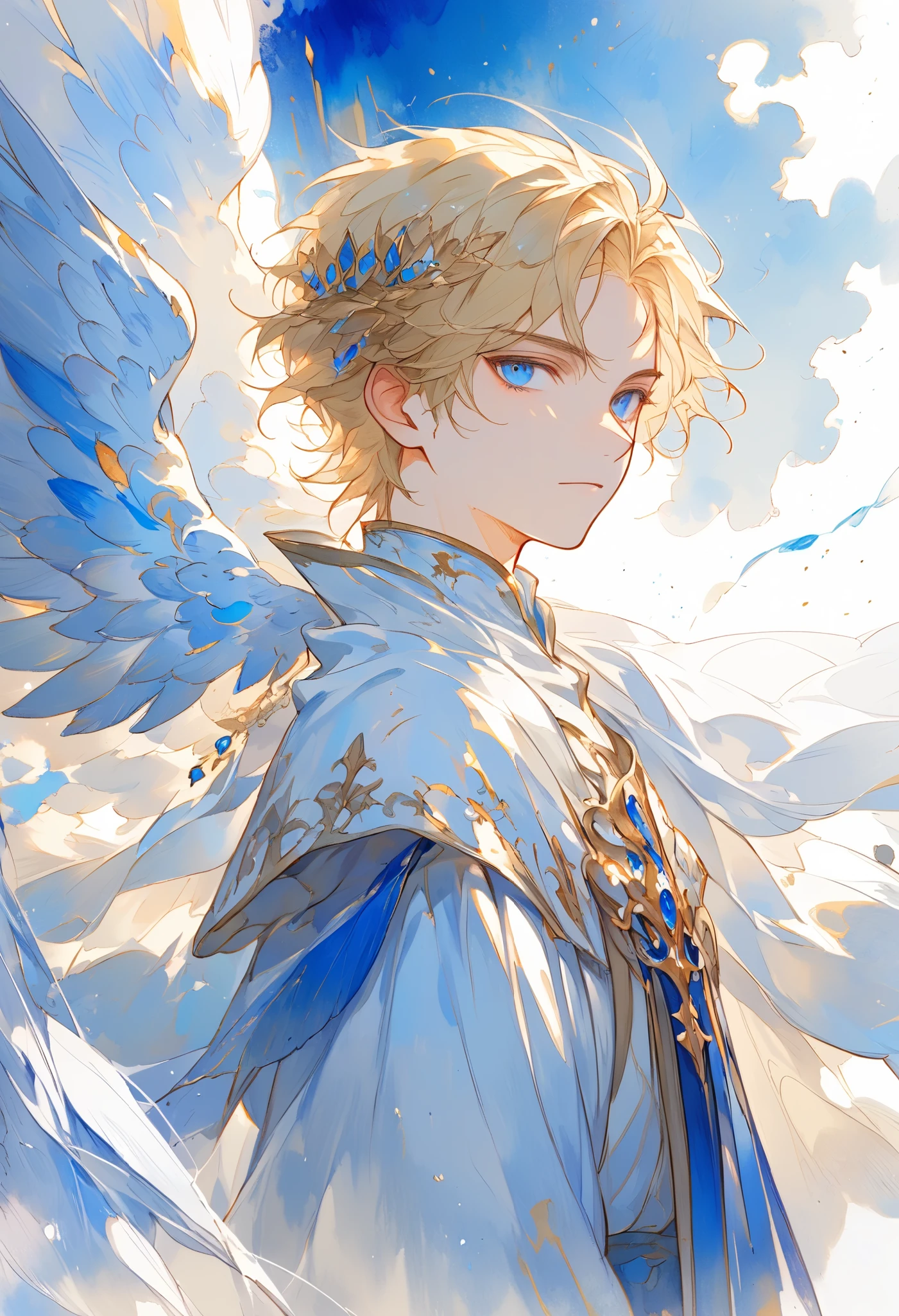 watercolor, A young angel man, straight blonde hair,  blue eyes ,  white wings on his back , Prince clothes , Medieval fantasy,  located in the lower right corner , watercolor con bajo contraste, soft line , young man with a beautiful and kind face,  extreme beauty , soft features, ethereal,  blue eyes , Blue eyes