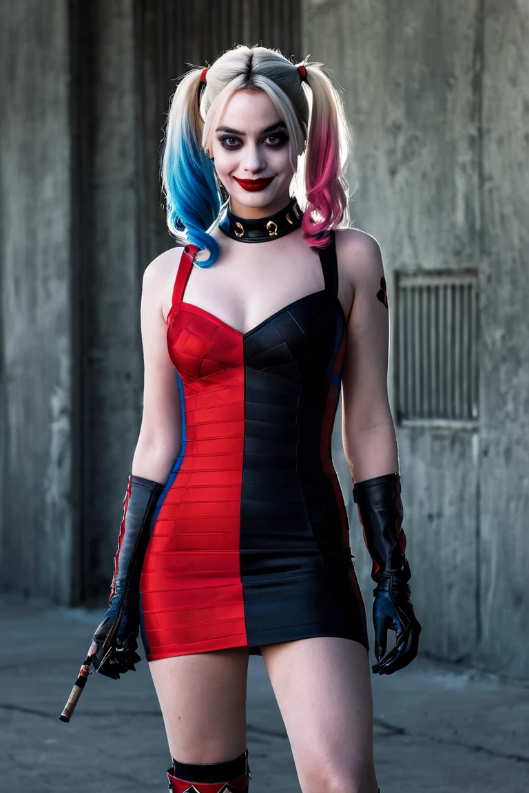 Harley Quinn, Professional Full body photo of Harley Quinn, clown, female clown, of (wearing silk red dress, elegant dress, long dress), fit body, small perky breasts, (pretty hands), perfect face, evil smile, detailed red eyes, side face tattoo diamonds, black hair with red tips, (detailed skin, pale skin, supple skin pores, playing cards tattoos), [blood spackled skin], (portrait), (saggy breasts:0.5), natural lighting, (backlighting:0.6),  (graffiti background, playing cards background, bullets flying background), shallow depth of field, 8mm film grain, photographed on a Sony Alpha 1,  50mm lens, F2.8, (highly detailed, intricate details, fine), 8k, HDR, deep focus, cinematic film still from Mad Men