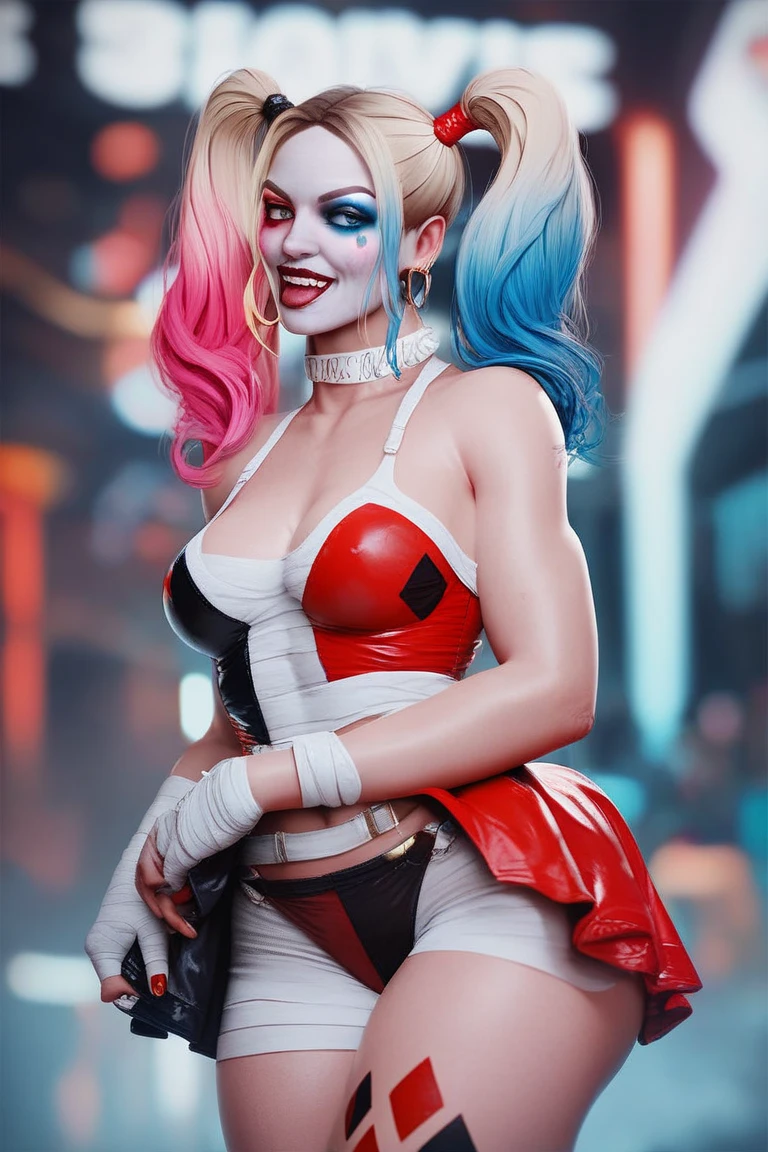 A girl is in the garden, Lady Gaga poses in theatrical costume, Harley Quinn Station, Portrait of Halle Quinn, Portrait of Halle Quinn, 4k acetate rendering, 8K 3D rendered character art, Black Harley Quinn cosplay, Harley Quinn movie stills, The character is in a natural pose, With Lady Gaga as Harley Quinn, Ultra-detailed portraits (tmasterpiece:1.2), vibrant with colors, physically-based renderingt, Studio lighting, Realisticstyle, Detailed pubic hair, Dark and vibrant color palette, Theater lighting.