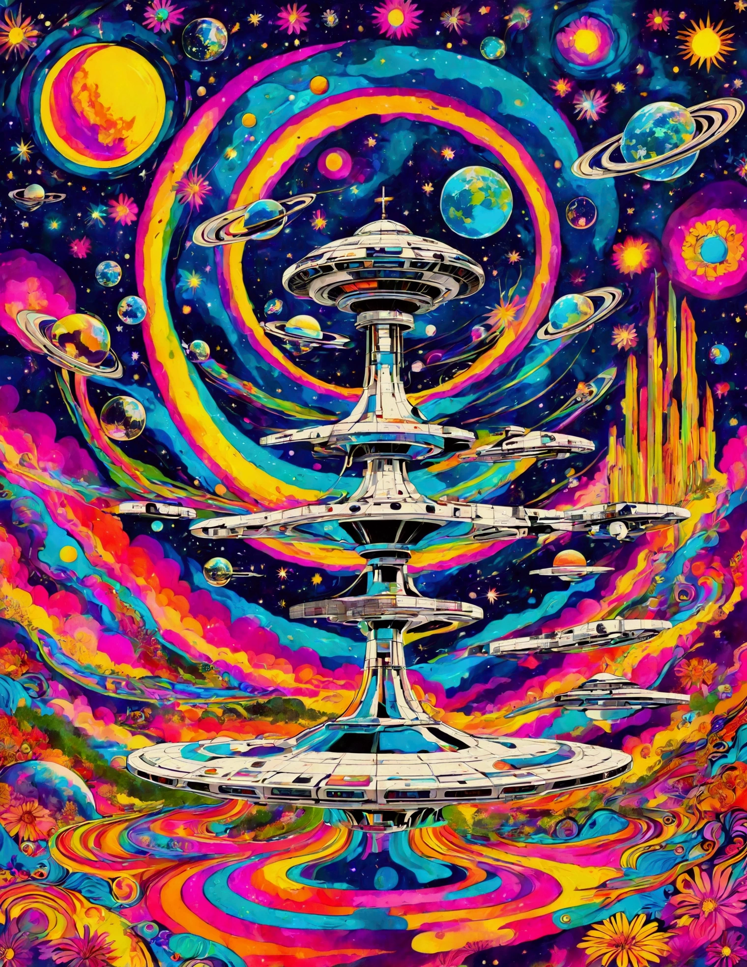 Space station. space station art, Groovy retro vibes, 70s hippie style psychedelic art posters. hippie style fluid art style, Vintage psychedelic landscape with galaxy and nebulae, stars. "Love and Peace" Psychedelic art