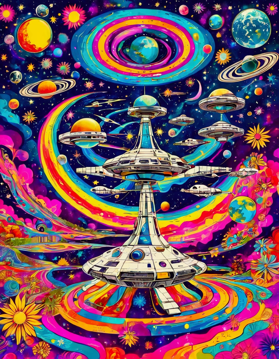 Space station. space station art, Groovy retro vibes, 70s hippie style psychedelic art posters. hippie style fluid art style, Vintage psychedelic landscape with galaxy and nebulae, stars. "Love and Peace" Psychedelic art