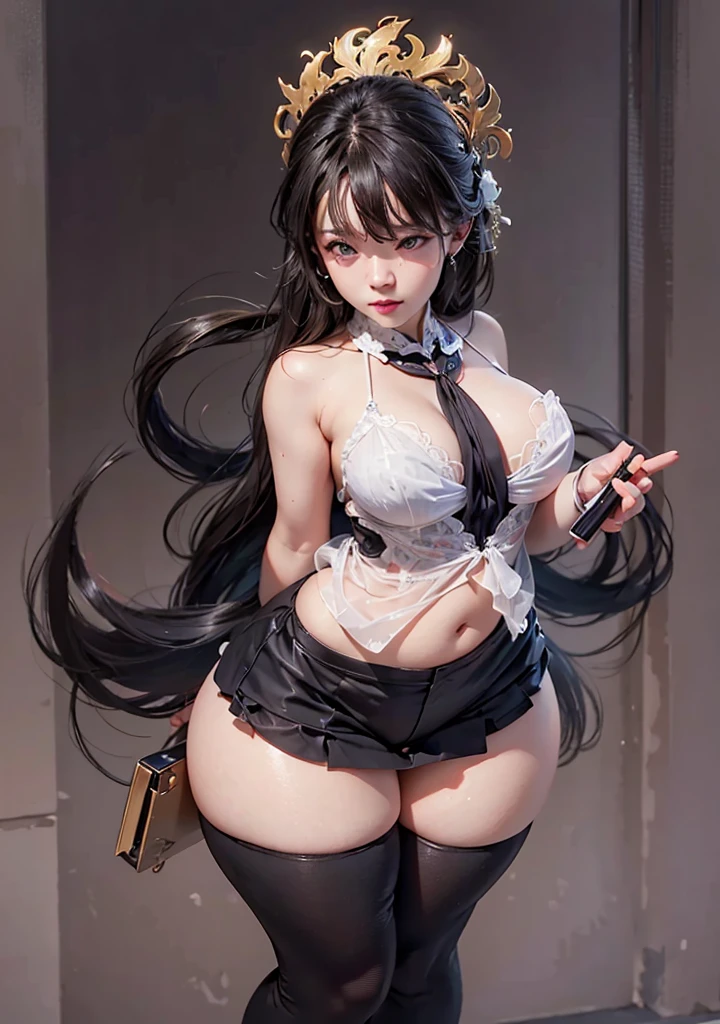 realistic, 1 women, best quality, 12k, HD, long hair, big round breasts, cleavage, ponytail, necklace, jewelry, shorts, short jacket, slim hips, hair tie, yellow eyes, black hair, super detailed, Eye details, hair details, person details, mouth details, face details, breast details, clothes details, hair details, pants details, hand details, whole body