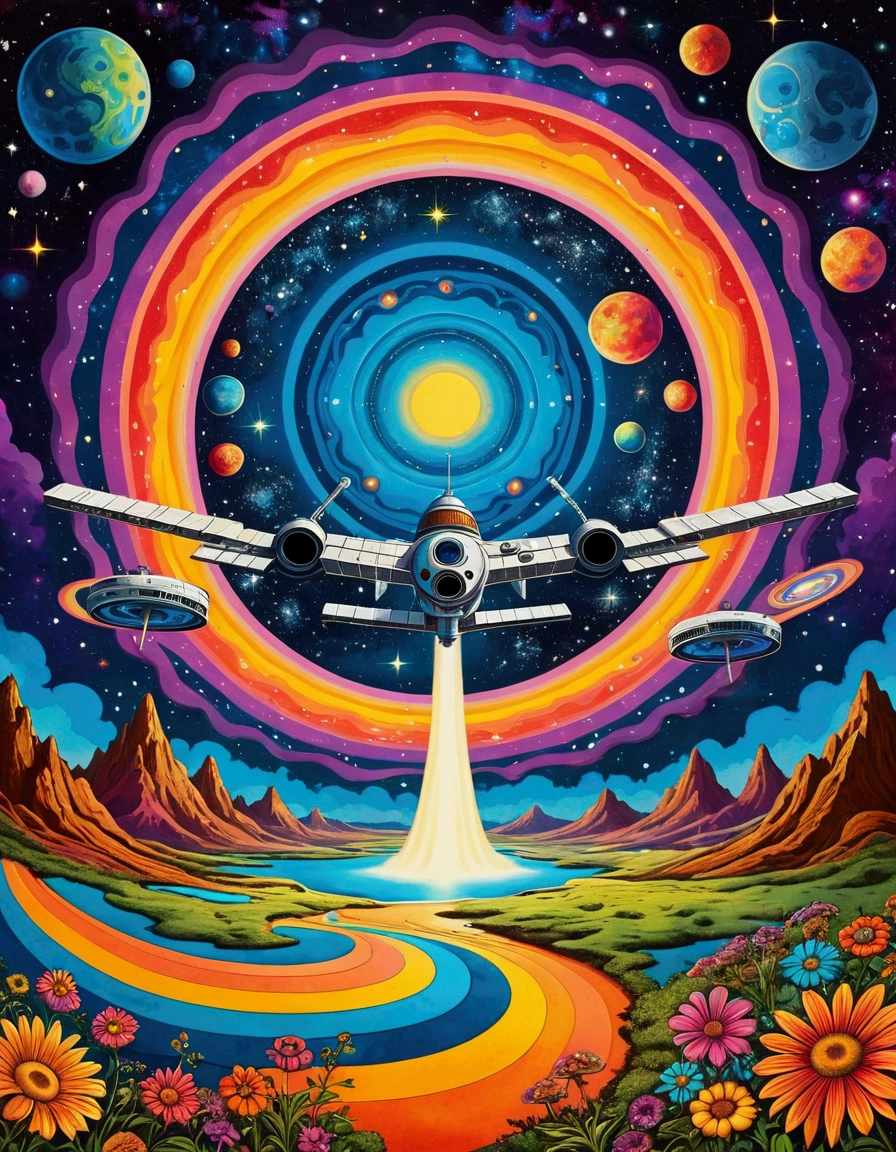 Space station. space station art, Groovy retro vibes, hippie style fluid art style, Vintage psychedelic landscape with galaxy and nebulae, stars. "Love and Peace" Psychedelic art, 70s hippie style psychedelic art posters. 