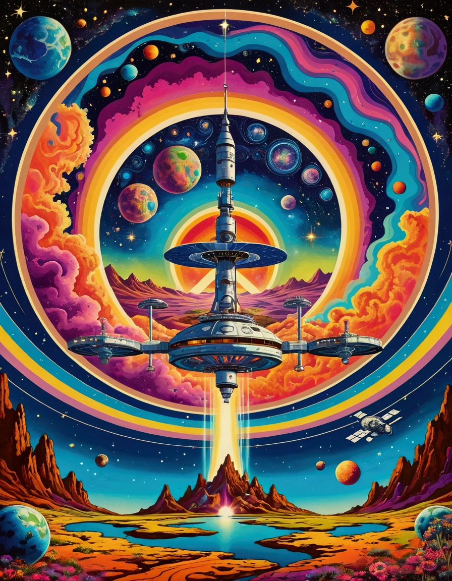 Space station. space station art, Groovy retro vibes, hippie style fluid art style, Vintage psychedelic landscape with galaxy and nebulae, stars. "Love and Peace" Psychedelic art, 70s hippie style psychedelic art posters. 