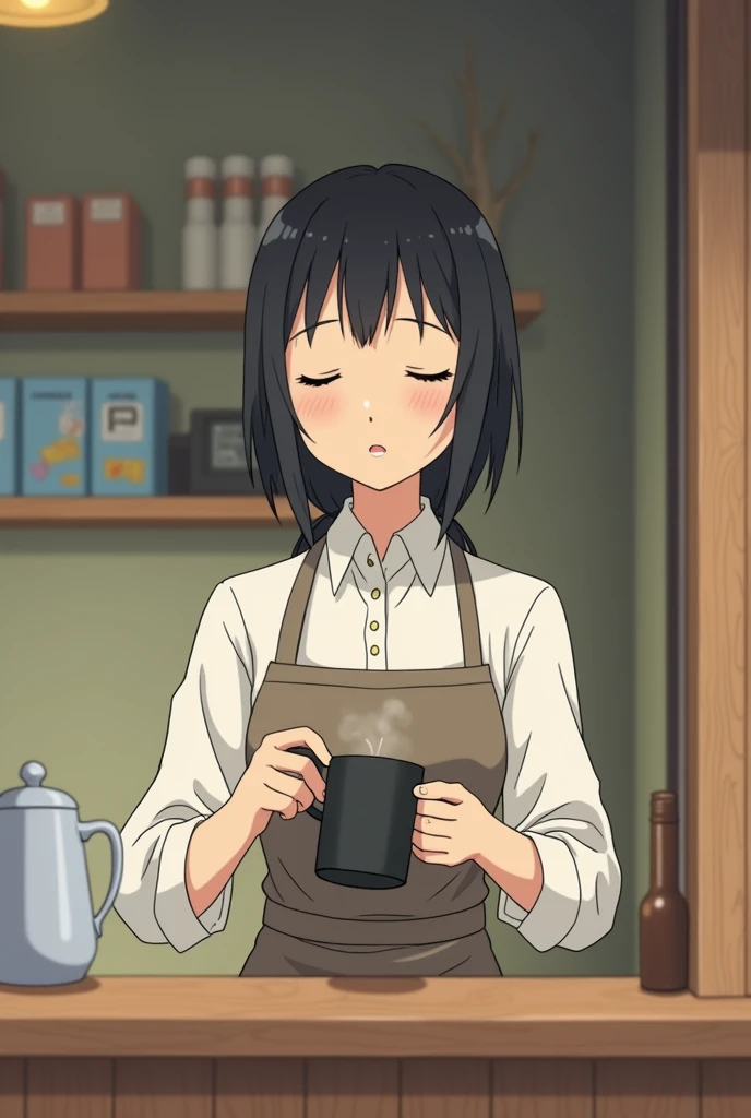 1.woman naked fake smile sweat on face shy embarrassed front focus on face hands in front small breasts short hair nipples naked black hair nude black eyes cafe apron coffee ribbon around neck