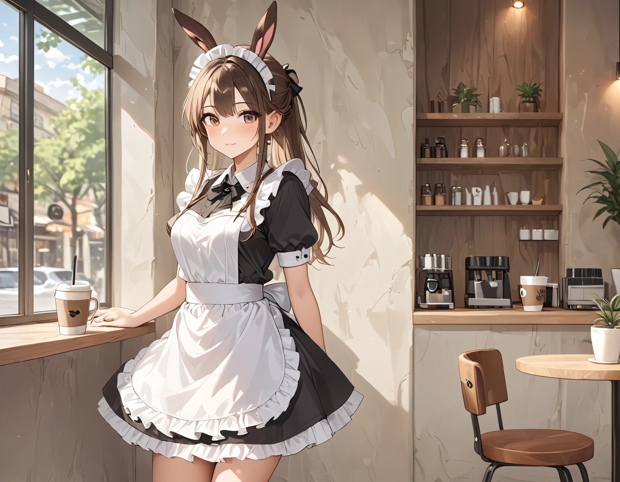 (((Best quality, 8k, Masterpiece: 1.3)), ((best quality)), ((masterpiece)), (detailed), perfect face, perfect body, (detailed skin:1.3), (intricate details), rabbit ears, maid, maid costume, maid apron, Taking a break in a cafe, coffee cup, drinking coffee