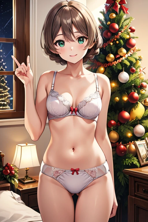  Masterpiece　 top quality　smile　Racing bloomer with beautiful front legs 　Beautiful upper body　Beautiful lower body　 well-balanced body 　Two perfect legs　Perfect Five Fingers 　 Christmas　 Christmasの夜　bedroom　dim　Determined Face 　 True Love　 　 cute underwear 　 bra　 panties