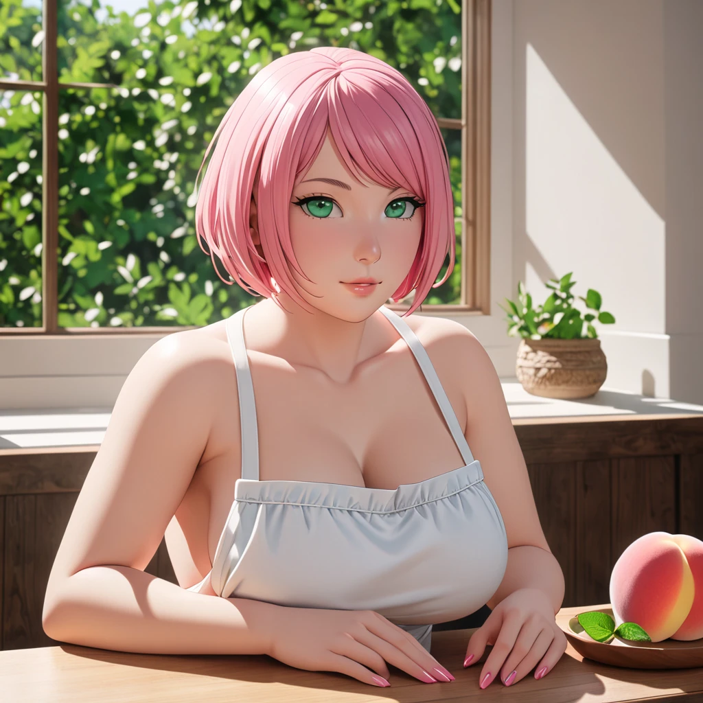 Masterpiece, High Resolution, Anatomically Correct, Best Quality, Super Detailed, Textured Skin, bright pink hair, mint green eyes, fairly curvaceous figure, peach skin, Breasts, Short Hair, Unreal Engine, long white apron and keeps her fingernails long and well-manicured