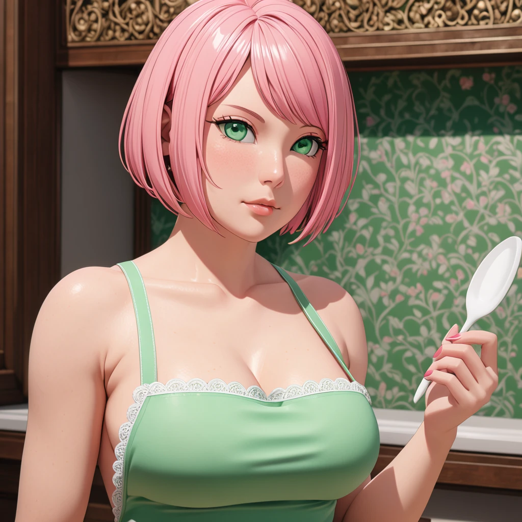 Masterpiece, High Resolution, Anatomically Correct, Best Quality, Super Detailed, Textured Skin, bright pink hair, mint green eyes, fairly curvaceous figure, peach skin, Breasts, Short Hair, Unreal Engine, long white apron and keeps her fingernails long and well-manicured