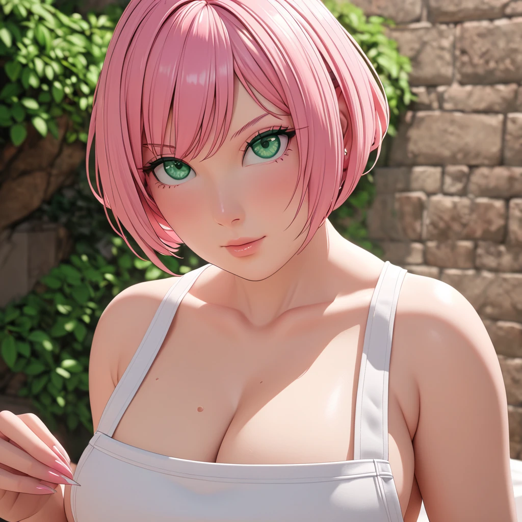 Masterpiece, High Resolution, Anatomically Correct, Best Quality, Super Detailed, Textured Skin, bright pink hair, mint green eyes, fairly curvaceous figure, peach skin, Breasts, Short Hair, Unreal Engine, long white apron and keeps her fingernails long and well-manicured