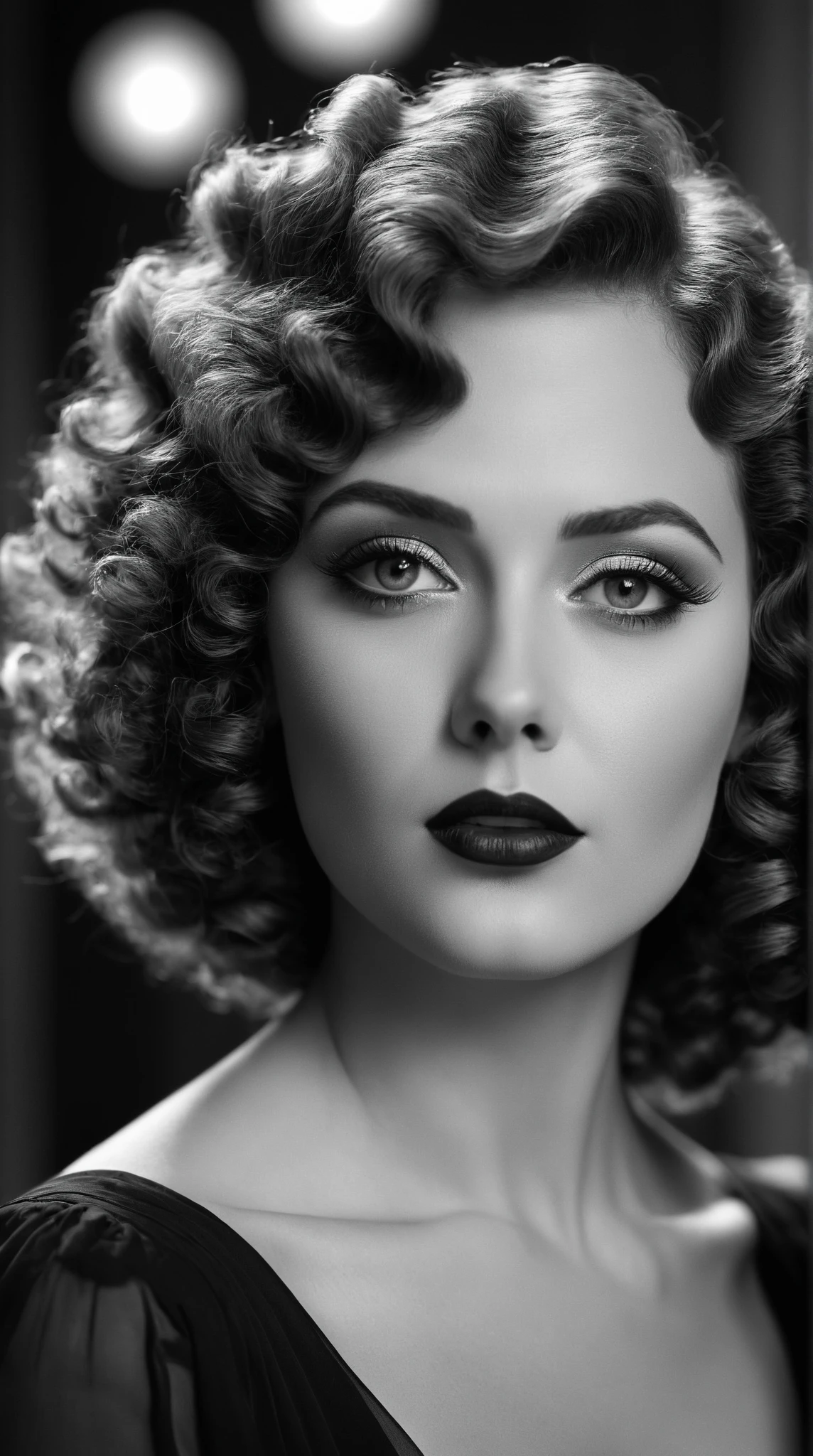 cinematic film still of  In the 1930's a breathtaking fascinating sweet cute woman with a curly hair and eye makeup,1girl,solo,monochrome,upper body,greyscale,artist name,signature,lips,realistic,realism,perfection,perfect,filmic,retro,vintage,classic,different haircut,different look,different style,1930's style , 1930 style, shallow depth of field, vignette, highly detailed, high budget, bokeh, cinemascope, moody, epic, gorgeous, film grain, grainy