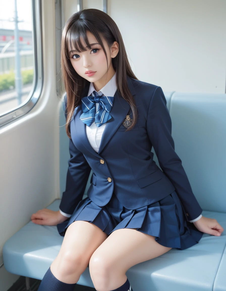 Arafe asian woman in short skirt and bow tie sitting on train, cute schoolgirl, Japan girl uniform, wearing Japan school uniform, Japan school uniform, surreal schoolgirl, dressed as a schoolgirl, surreal schoolgirl, wearing uniform, realistic schoolgirl, girl in uniform, schoolgirl in uniform, schoolgirl posing, full body, lovely skin, glowing skin, nice thighs, shining thighs, shining legs, open legs