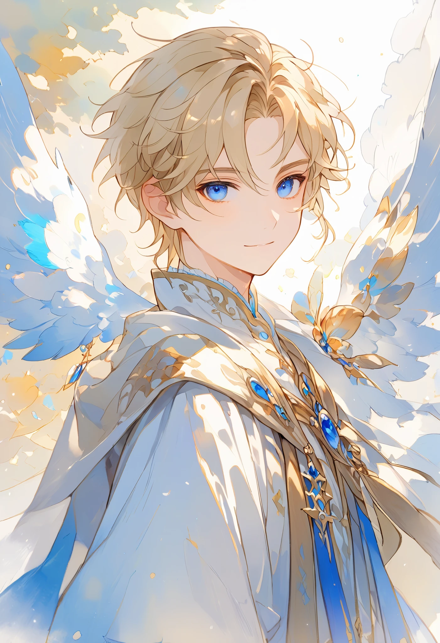 watercolor, A young angel man, Straight blonde hair,  blue eyes ,  white wings on his back , Prince clothes , Medieval fantasy,  located in the lower right corner , watercolor con bajo contraste, soft line ,  young man with a beautiful face , friendly, kind smile, cute,  extreme beauty , soft features, ethereal,  blue eyes , Blue eyes