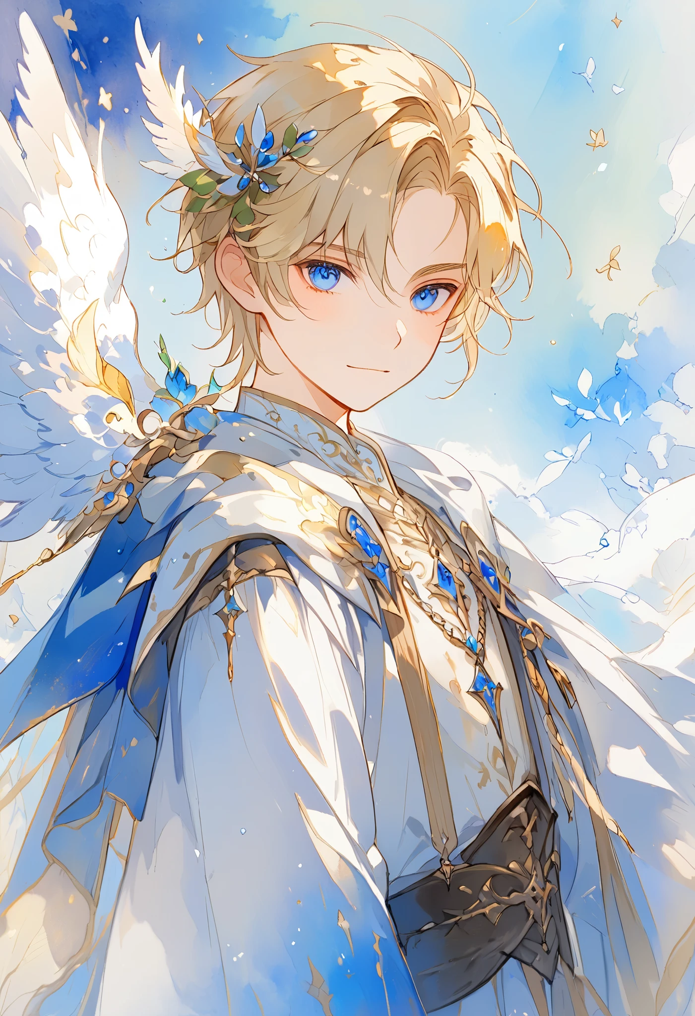 watercolor, A young angel man, Straight blonde hair,  blue eyes ,  white wings on his back , Prince clothes , Medieval fantasy,  located in the lower right corner , watercolor con bajo contraste, soft line ,  young man with a beautiful face , friendly, kind smile, cute,  extreme beauty , soft features, ethereal,  blue eyes , Blue eyes