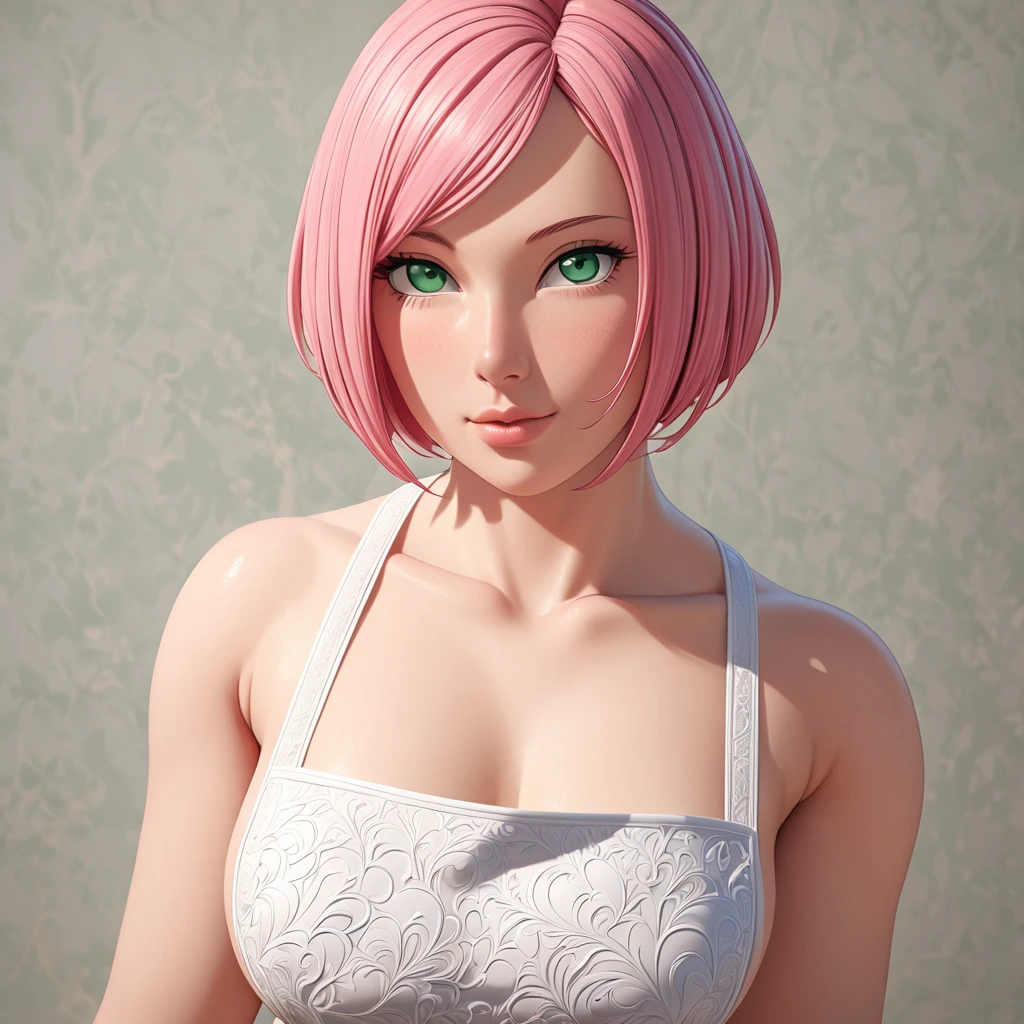 Masterpiece, High Resolution, Anatomically Correct, Best Quality, Super Detailed, Textured Skin, bright pink hair, mint green eyes, fairly curvaceous figure, peach skin, Breasts, Short Hair, Unreal Engine, long white apron and keeps her fingernails long and well-manicured, full body