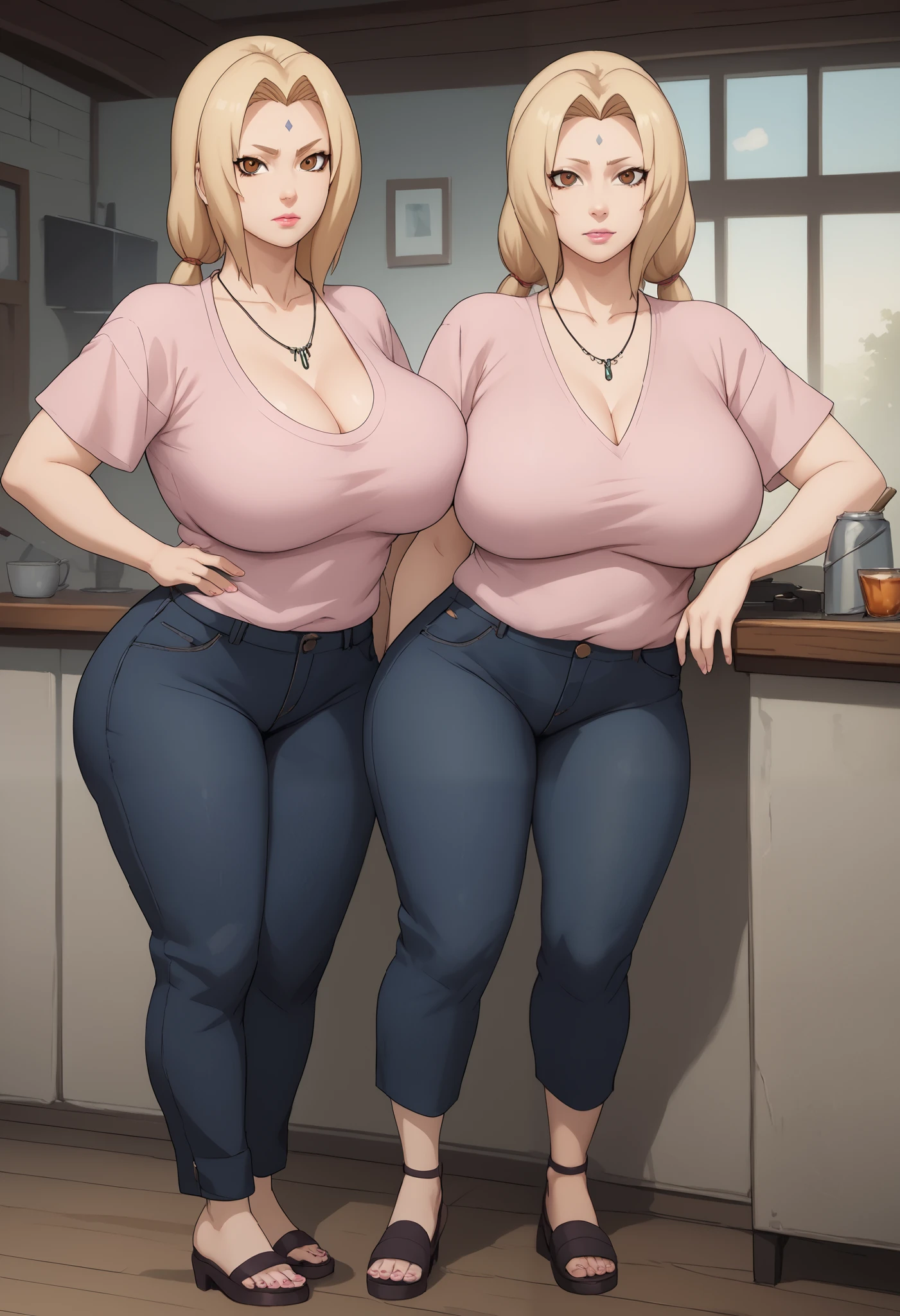 Tsunade Senju. Grandmother. long, blond hair tied in two ponytails. brown eyes.  pink lipstick. huge saggy breasts. bbw. necklace. jeans. Shirts. caffe.