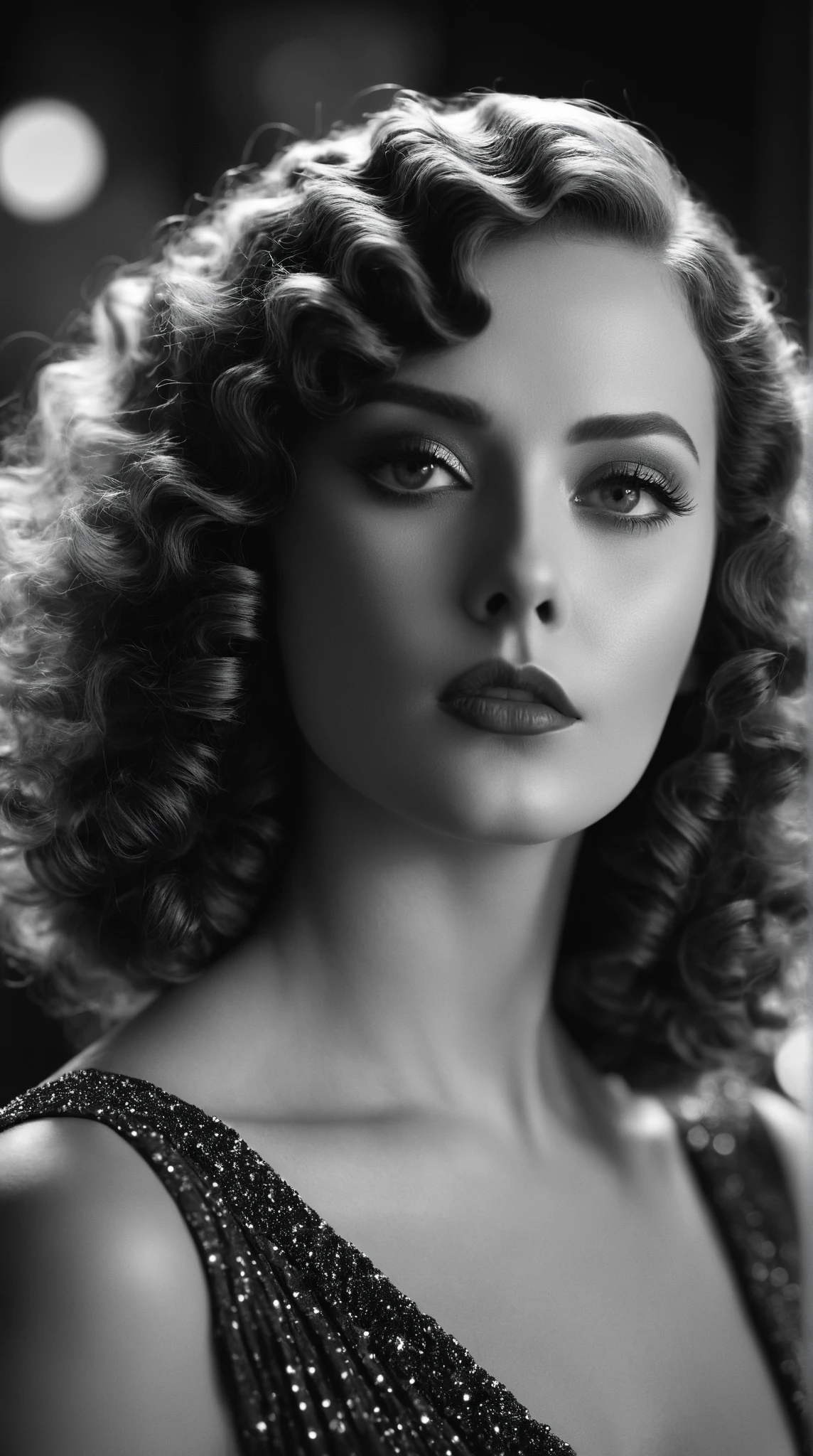 cinematic film still of  In the 1930's a breathtaking fascinating sweet cute woman standing dreamy magical with a curly hair and eye makeup,1girl,solo,monochrome,upper body,greyscale,artist name,signature,lips,realistic,realism,perfection,perfect,filmic,retro,vintage,classic,different haircut,different look,different style,1930's style , 1930 style, shallow depth of field, vignette, highly detailed, high budget, bokeh, cinemascope, moody, epic, gorgeous, film grain, grainy