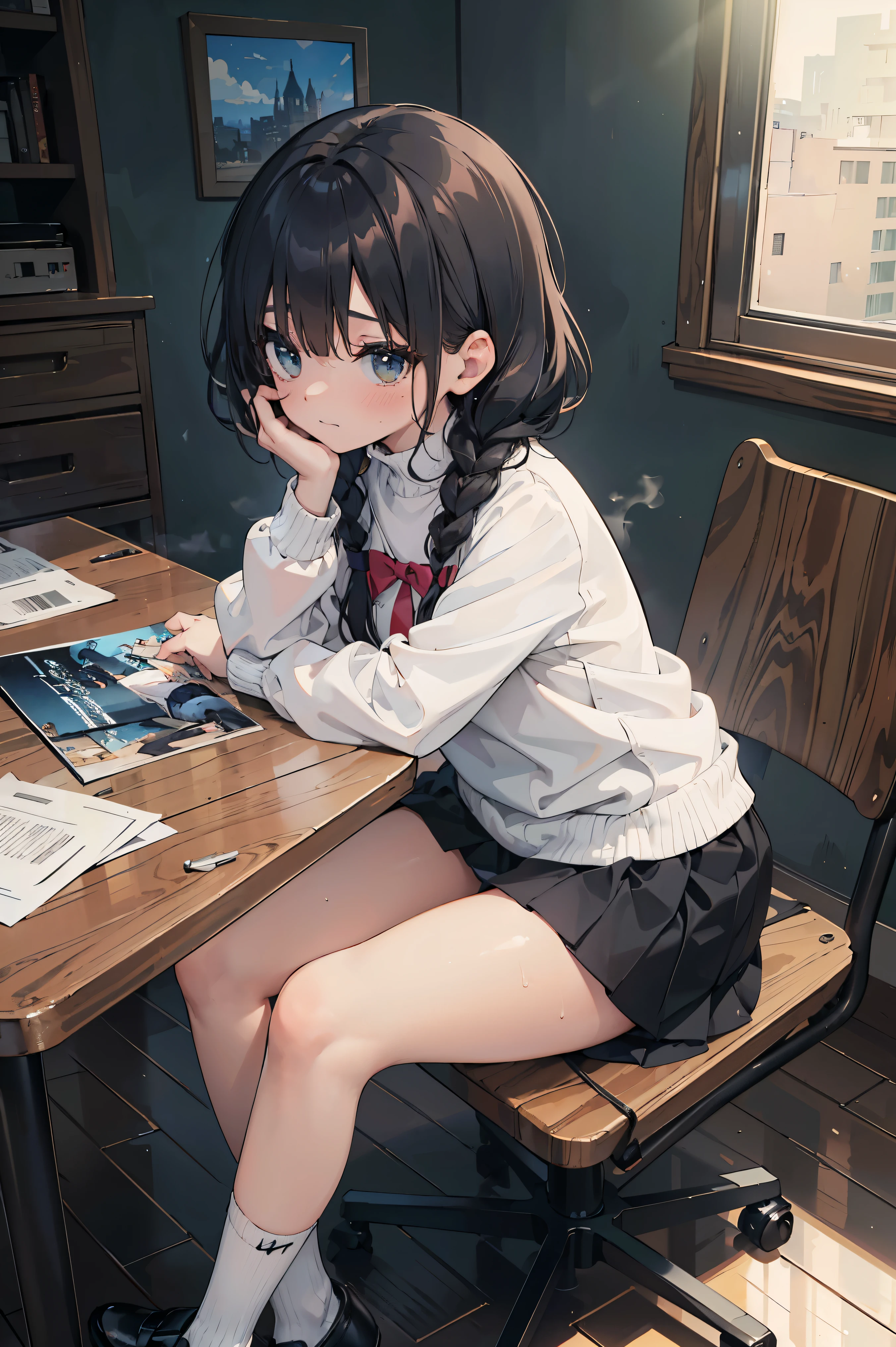 1girl, ((girl)) 、1 person、small face,20-year-old、 (tears) 、cry、white sweater、((plaid pleated skirt)) 、((black pantyhose:1.5)) 、Brown snow boots, (princess cut), (bob cut)、(medium hair)、(ponytail:1.5) 、brown hair 、sad expression、 ((no background:1.5))