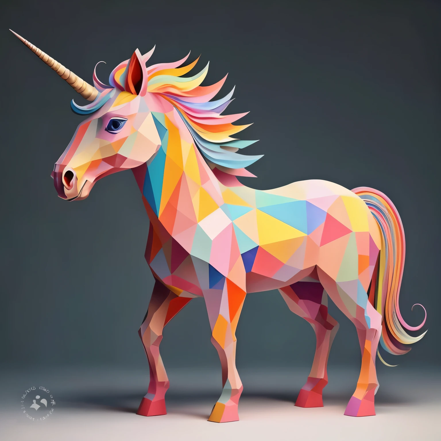  A surreal unicorn in cubist style ,  inspired by the work of Pablo Picasso .  The unicorn has abstract shapes ,  fluid lines and vibrant colors such as pink , yellow, blue, and green.  Its mane is formed by curves and spirals , with a segmented multicolored horn .  The eyes and mouth are designed with exaggerated and expressive geometric shapes,  merging facial elements in an artistic and unconventional design .  Minimalist background in neutral tones to highlight the figure of the unicorn 