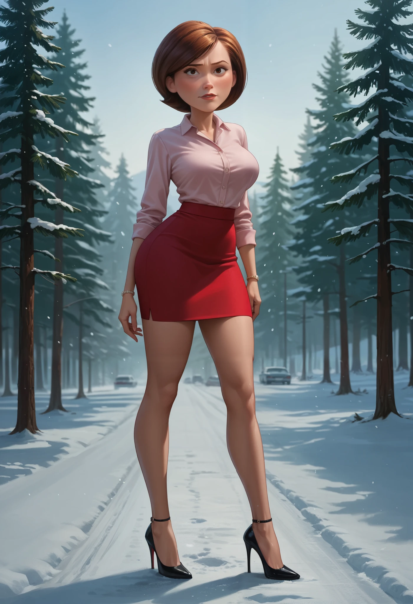 Helen Parr. sexy,  sexy secretary ,  big breasts . skirt, blouse.  high-heeled sneakers. Background snow and pine trees 