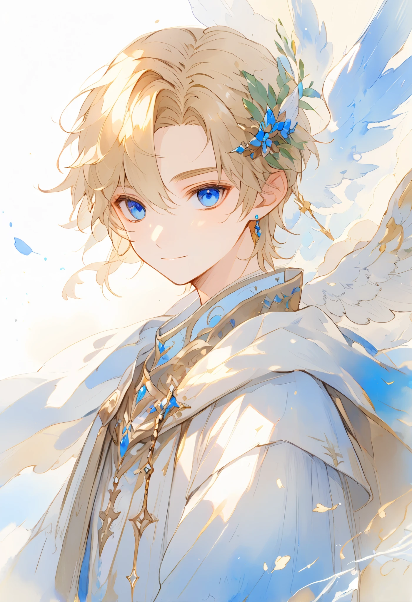 watercolor for A5 notebook, A young angel man, Straight blonde hair,  blue eyes ,  white wings, Prince clothes , Medieval fantasy,  located in the lower right corner , watercolor with low contrast , soft line ,  young man with a beautiful face , friendly, kind smile, cute,  extreme beauty , soft features, ethereal,  blue eyes , Blue eyes